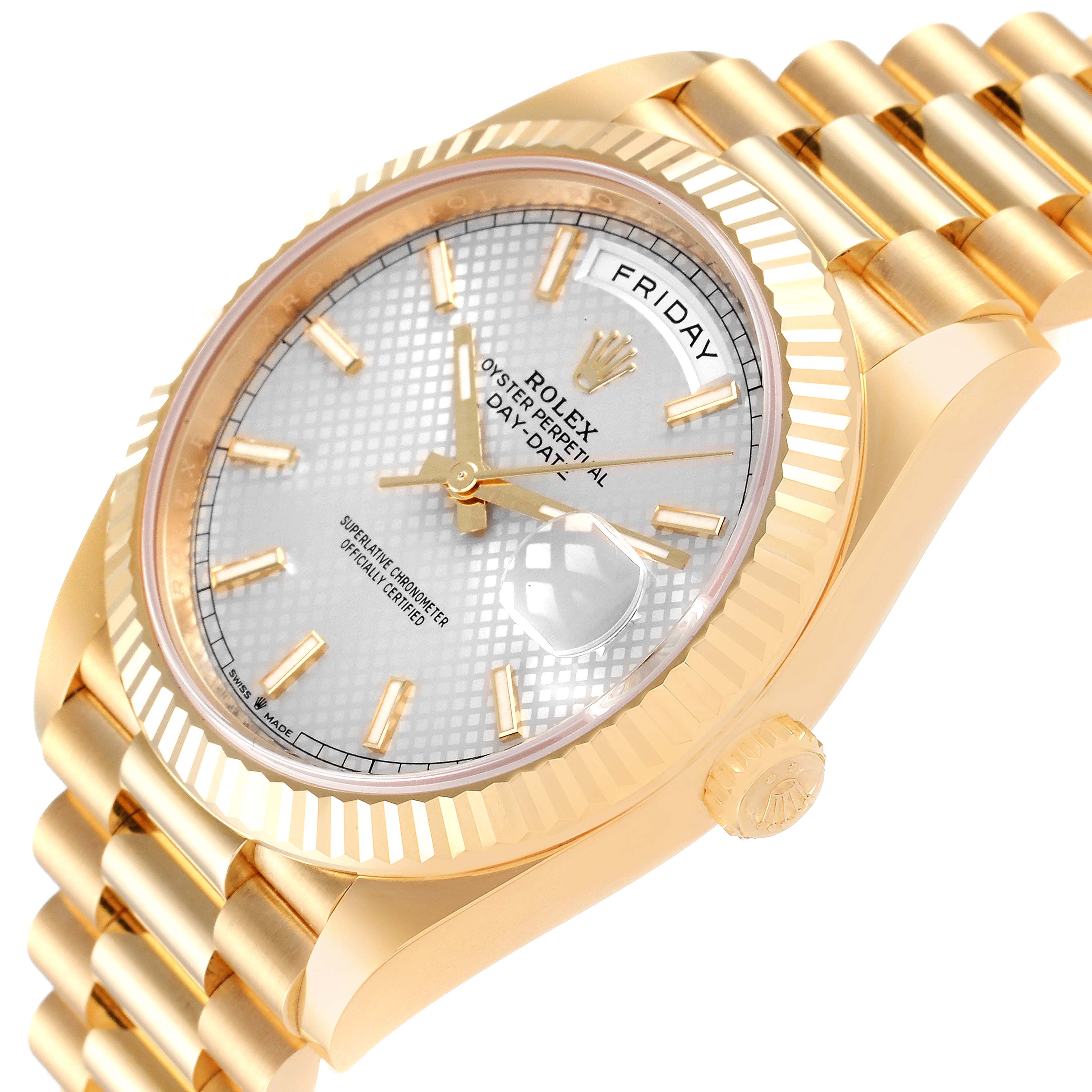 This image shows a close-up, angled view of a Rolex President 228238 Men's Yellow Gold Silver Dial 228238 Men's Yellow Gold Silver Dial model, highlighting its face, bezel, and part of the bracelet.