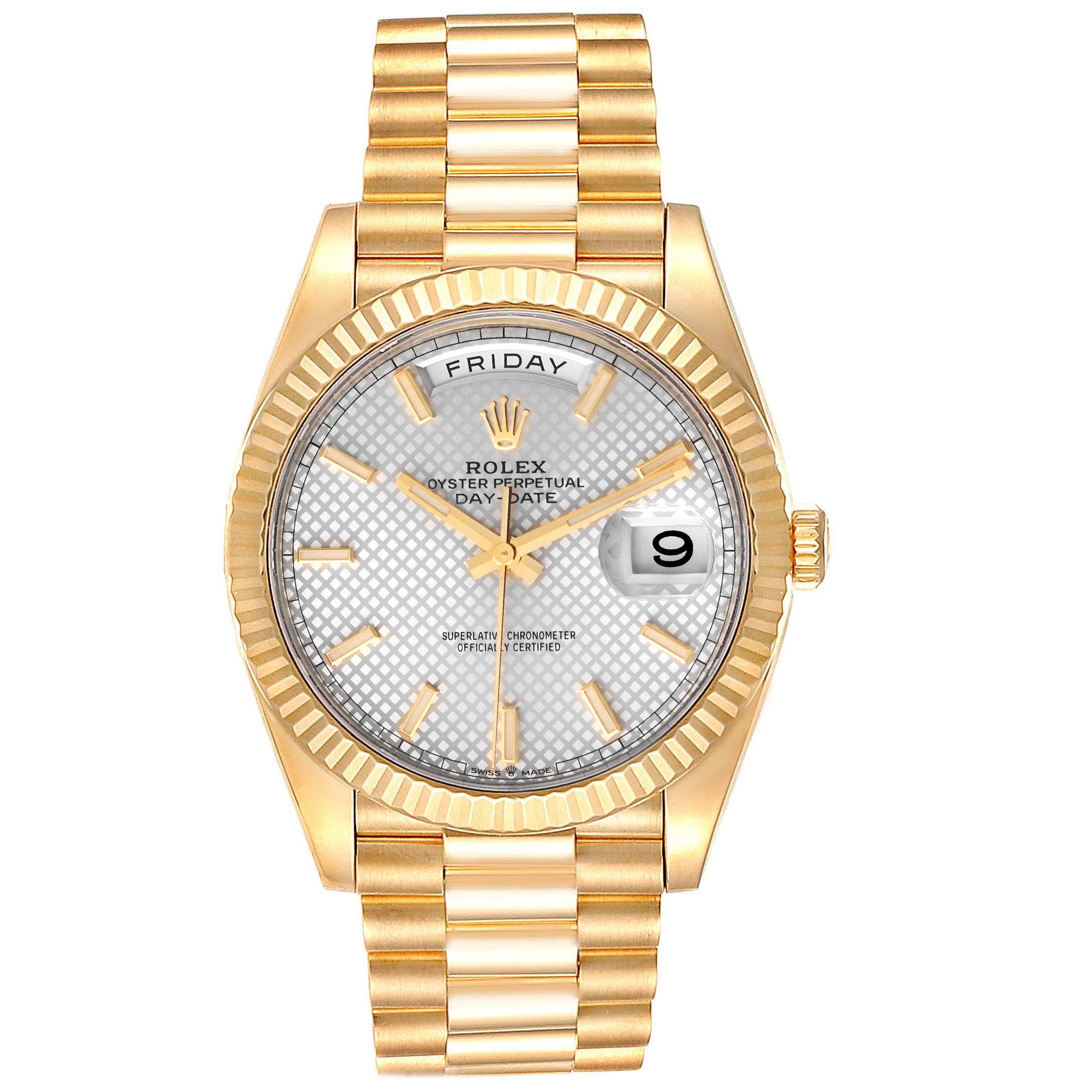 The image shows a front view of a Rolex President 228238 Men's Yellow Gold Silver Dial 228238 Men's Yellow Gold Silver Dial model, displaying the face, bracelet, and fluted bezel.