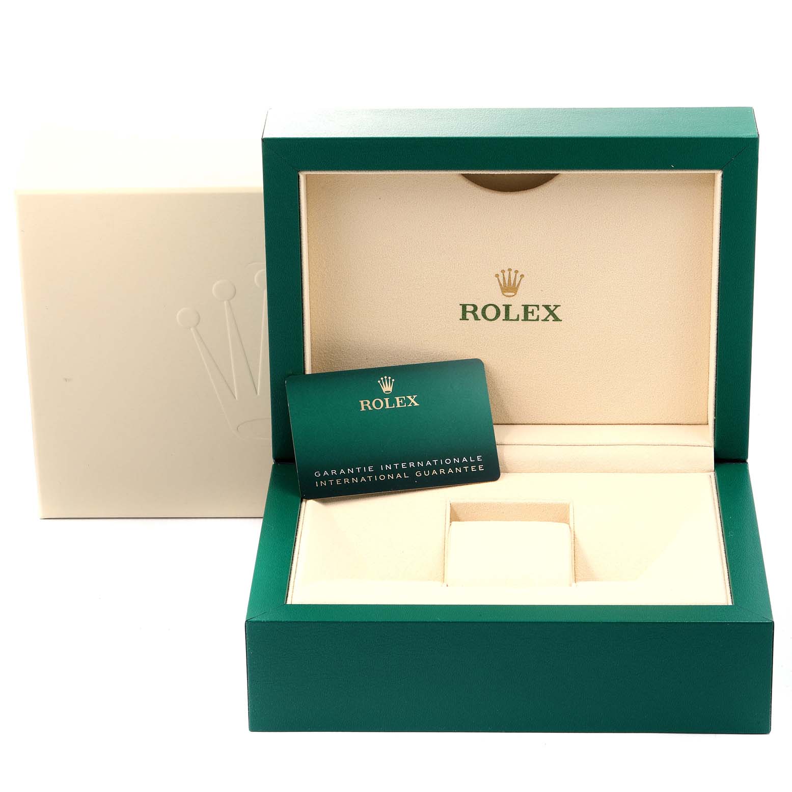 The image shows the packaging and guarantee card for a Rolex President 228238 Men's Yellow Gold Silver Dial 228238 Men's Yellow Gold Silver Dial model watch from a straight-on angle.