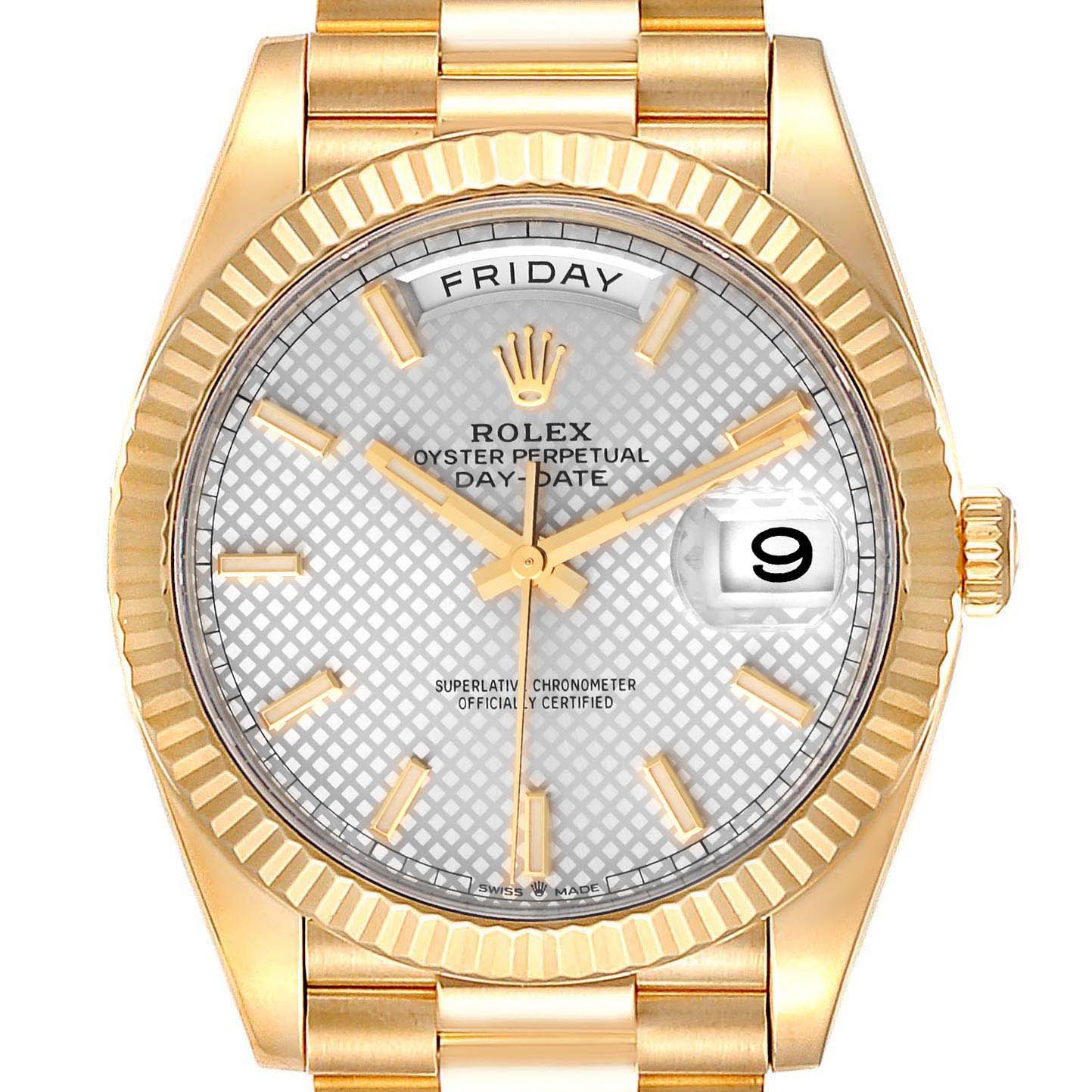 This is a front view of a Rolex President 228238 Men's Yellow Gold Silver Dial 228238 Men's Yellow Gold Silver Dial model watch, showcasing its dial, bezel, and part of the bracelet.