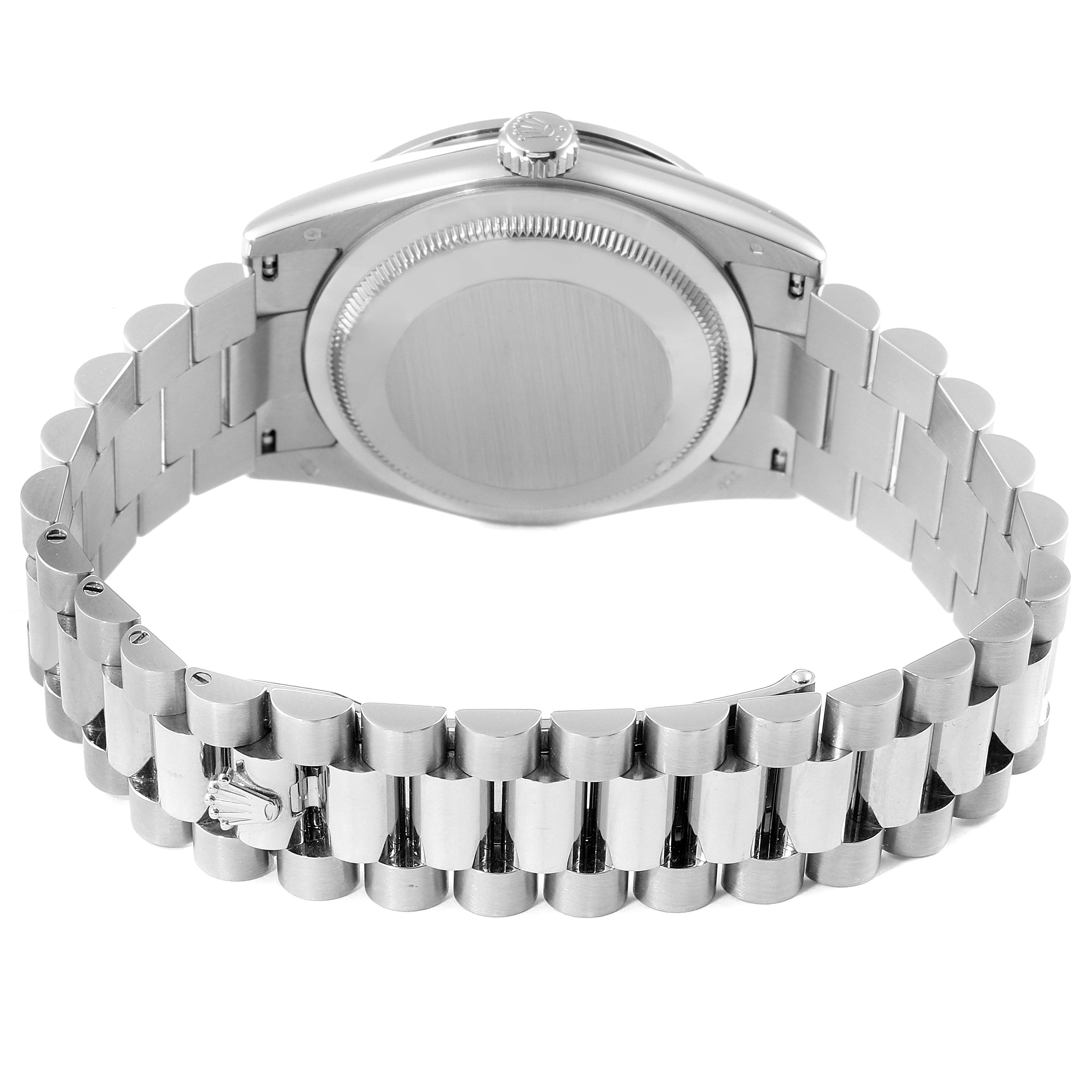 The image shows the back case and bracelet of a Rolex President 118399 Men's White Gold Mother of Pearl Dial 118399 Men's White Gold Mother of Pearl Dial model watch from a rear angle.