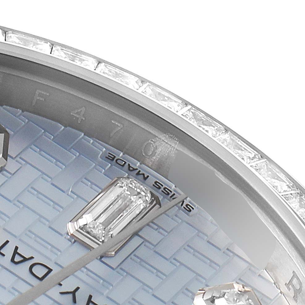 The image shows a close-up of the dial and bezel of a Rolex President 118399 Men's White Gold Mother of Pearl Dial 118399 Men's White Gold Mother of Pearl Dial model watch, highlighting its diamond hour markers and woven pattern.