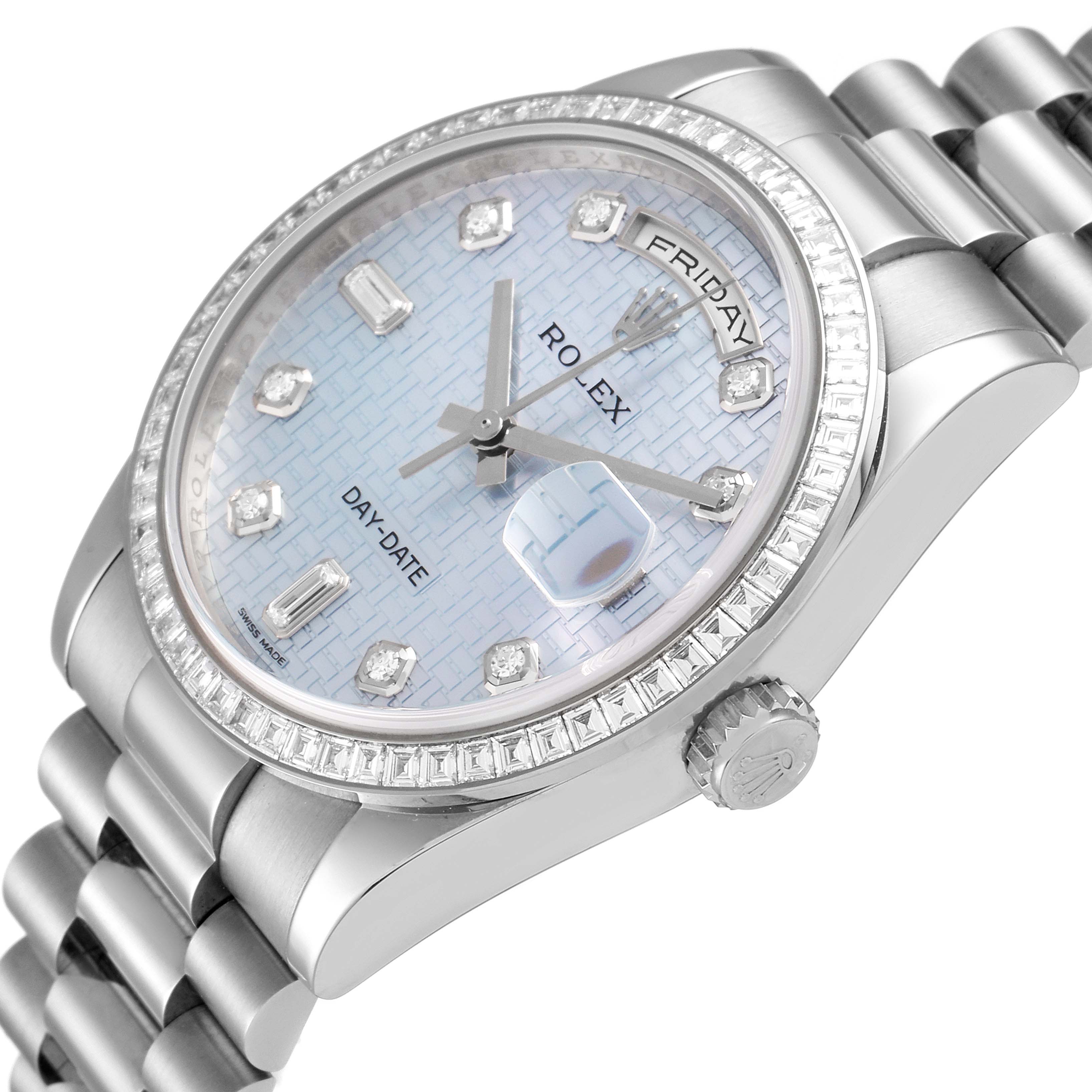 The image shows a close-up angle of a Rolex President 118399 Men's White Gold Mother of Pearl Dial 118399 Men's White Gold Mother of Pearl Dial watch, highlighting the dial, crown, and part of the bracelet.