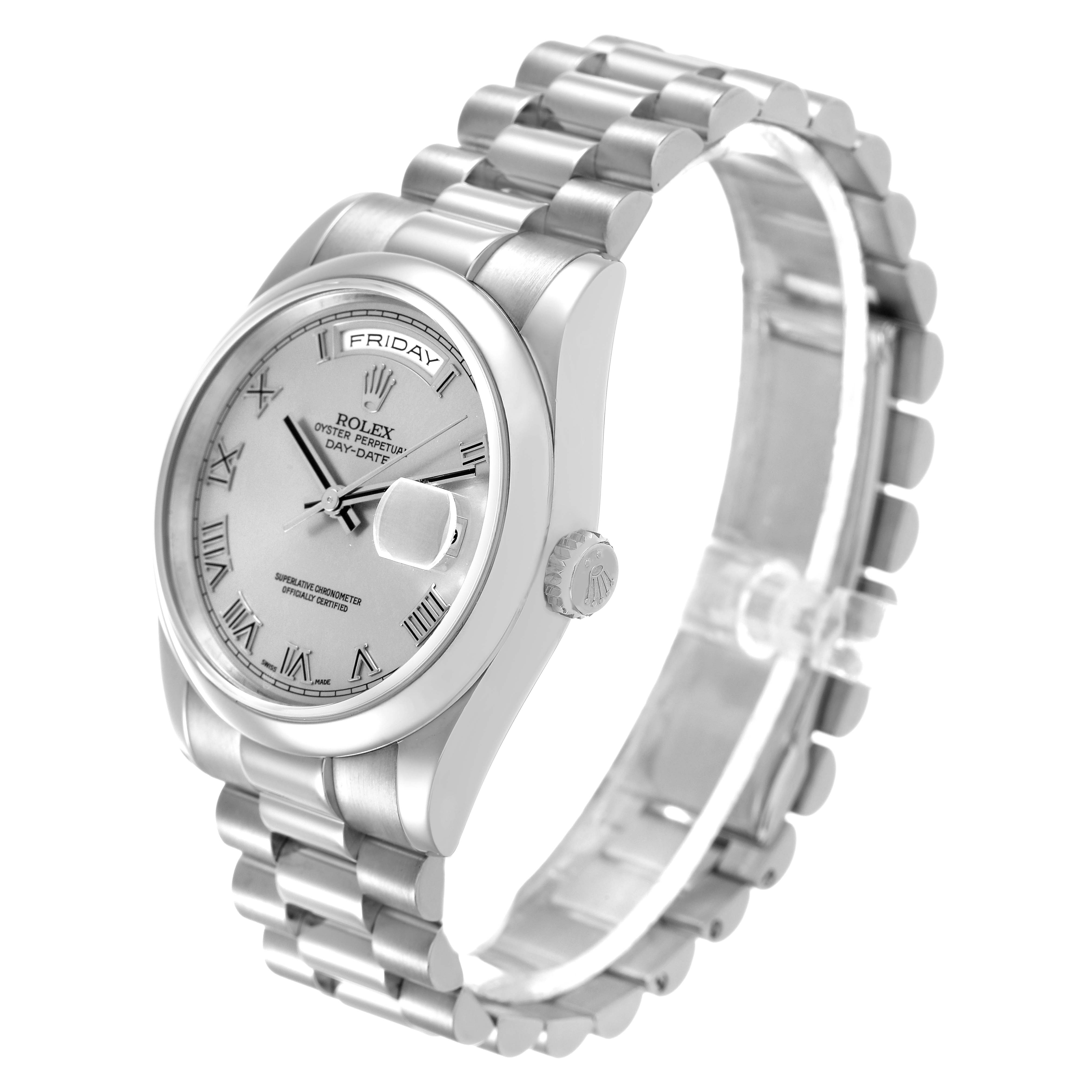 The Rolex President 118209 Men's White Gold Silver Dial model watch is shown at a three-quarter angle, highlighting the face, bezel, bracelet, and crown.