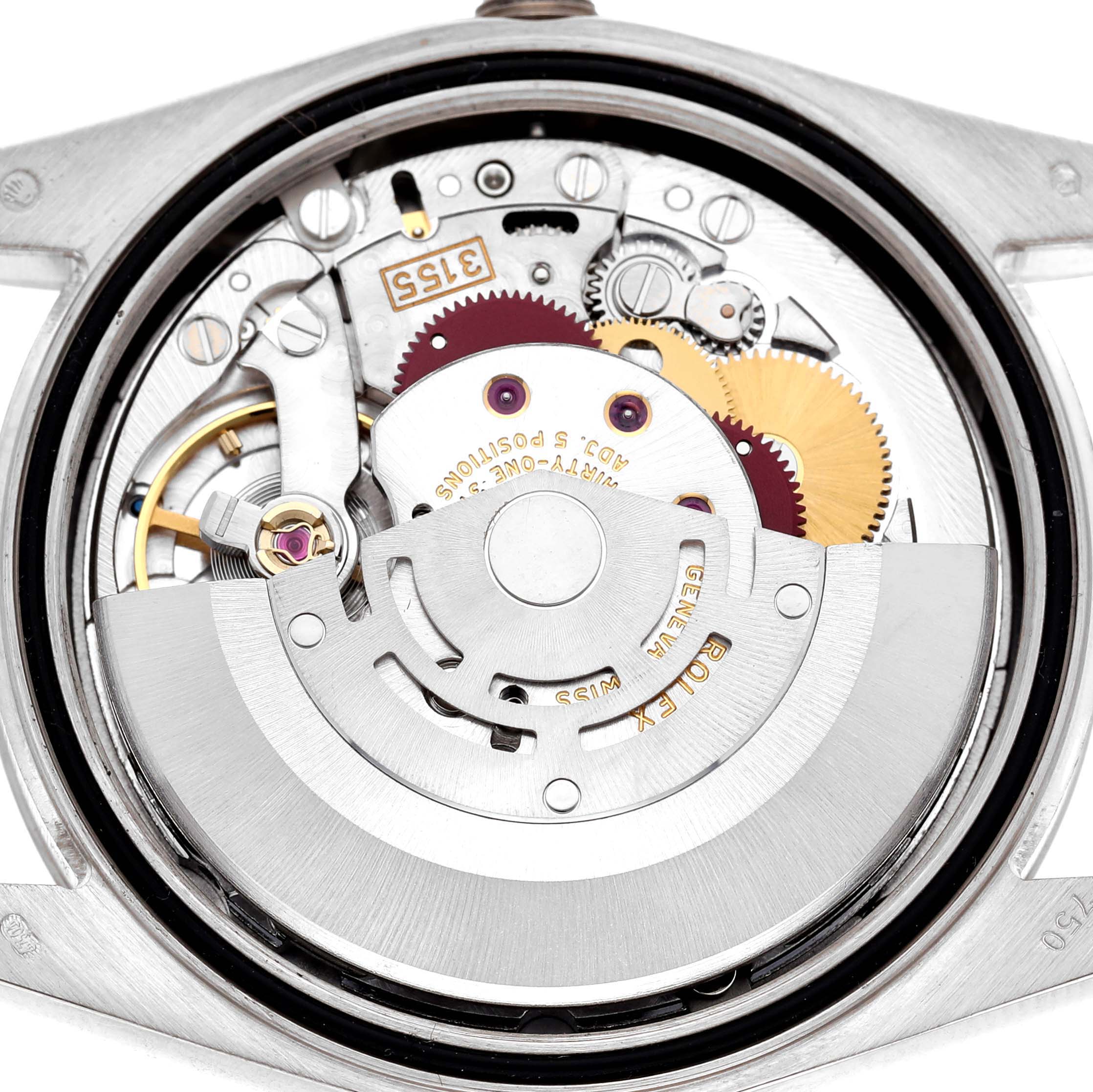 The image shows the open case back of a Rolex President 118209 Men's White Gold Silver Dial, revealing the automatic movement and gears inside.