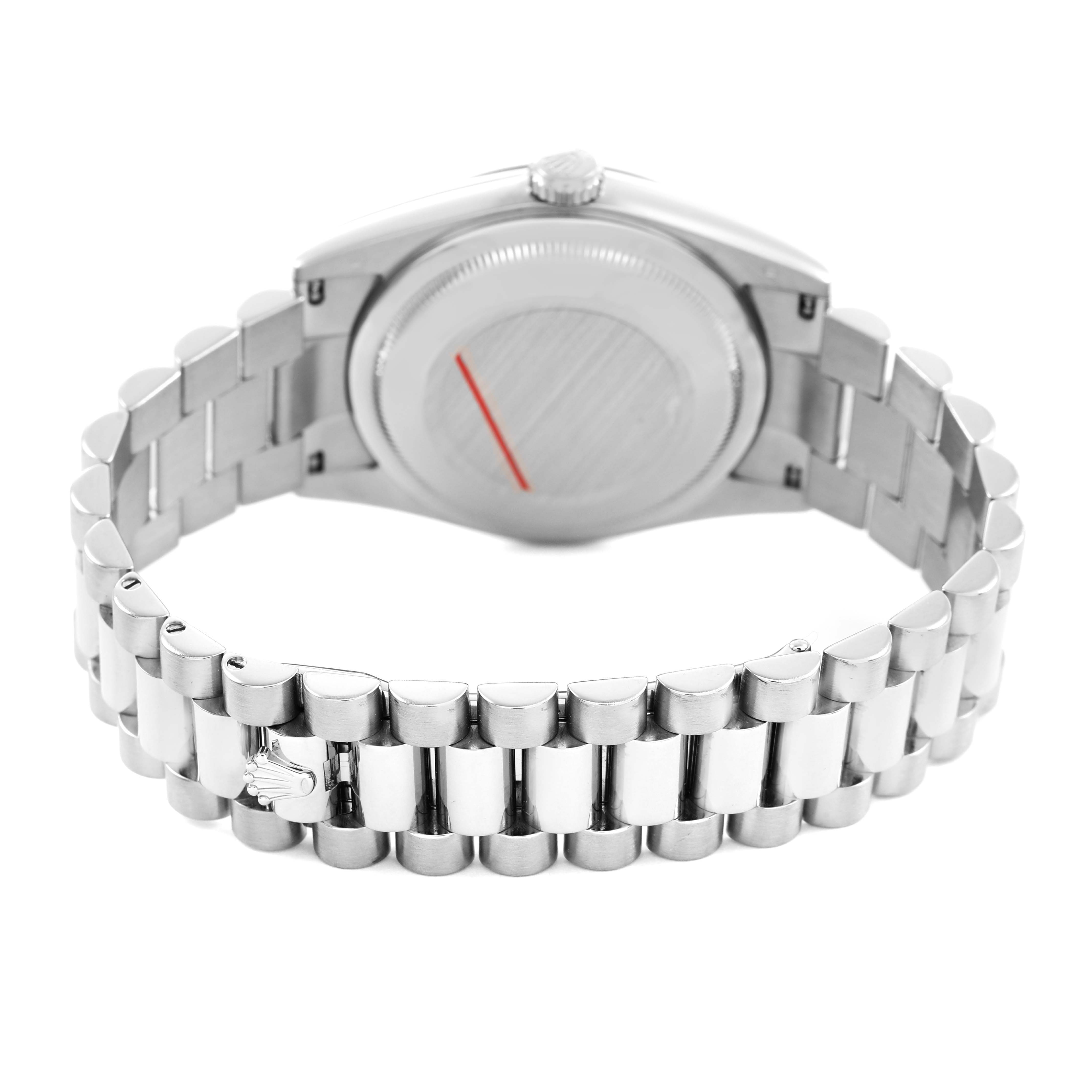 The image shows the back view of a Rolex President 118209 Men's White Gold Silver Dial watch, highlighting the case back and bracelet.