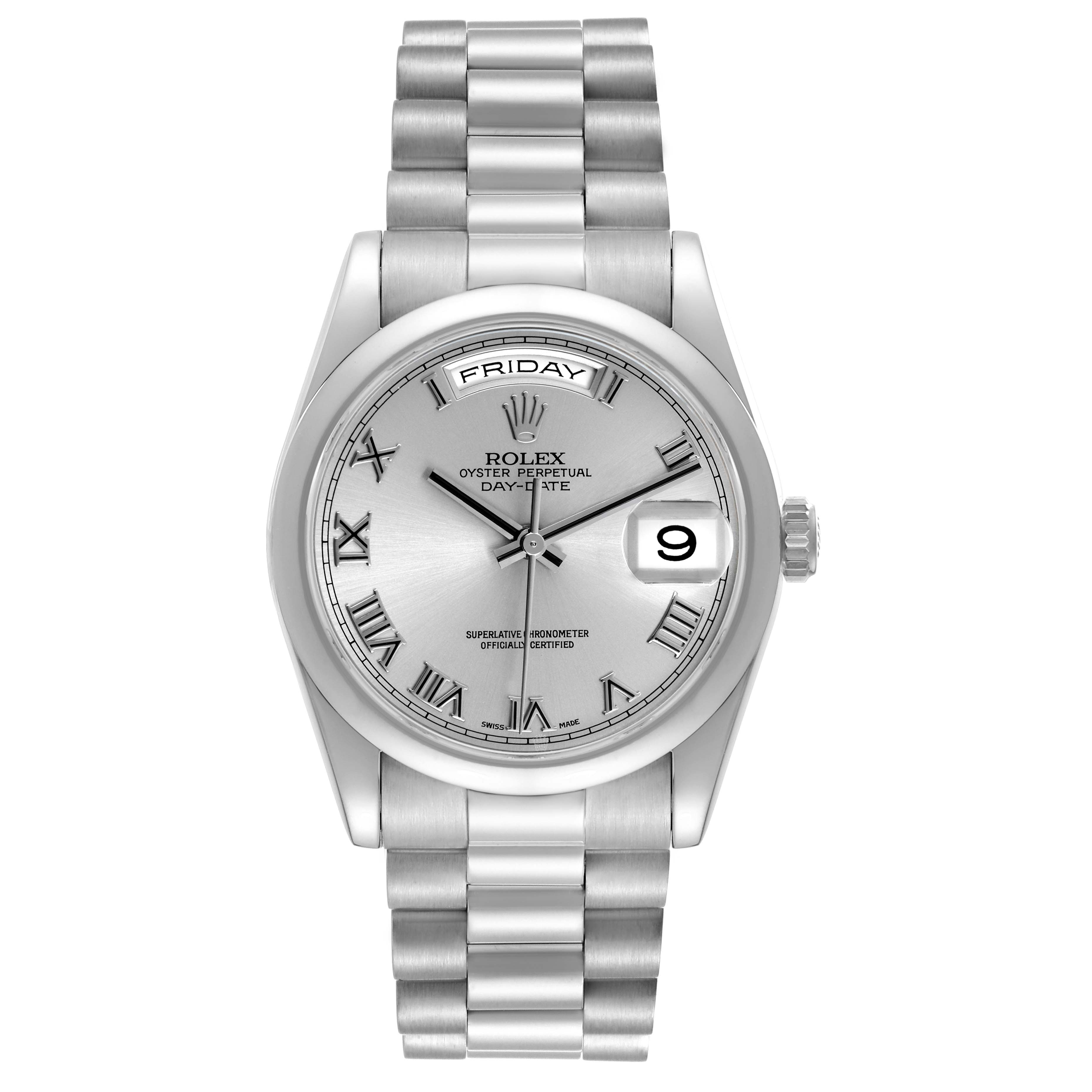 The Rolex President 118209 Men's White Gold Silver Dial model is shown from a top-down angle, displaying the full face, band, and crown.