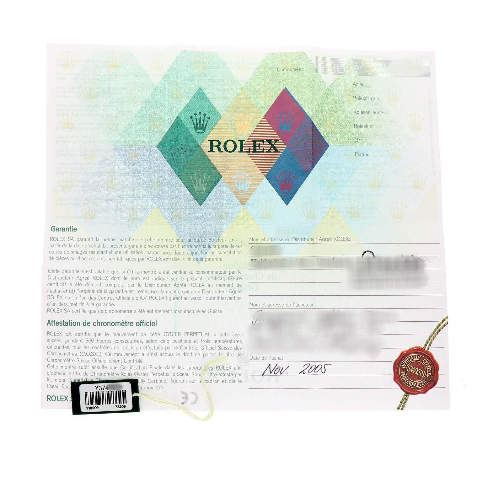 The image shows the warranty card and certificate for the Rolex President 118209 Men's White Gold Silver Dial model, displaying text and graphics.