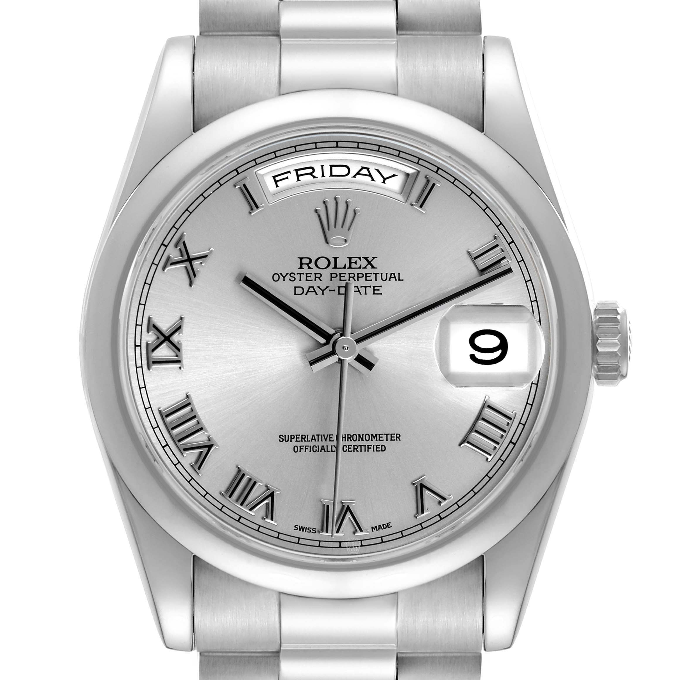 The image shows a frontal view of a Rolex President 118209 Men's White Gold Silver Dial model, displaying the dial, day, and date features.