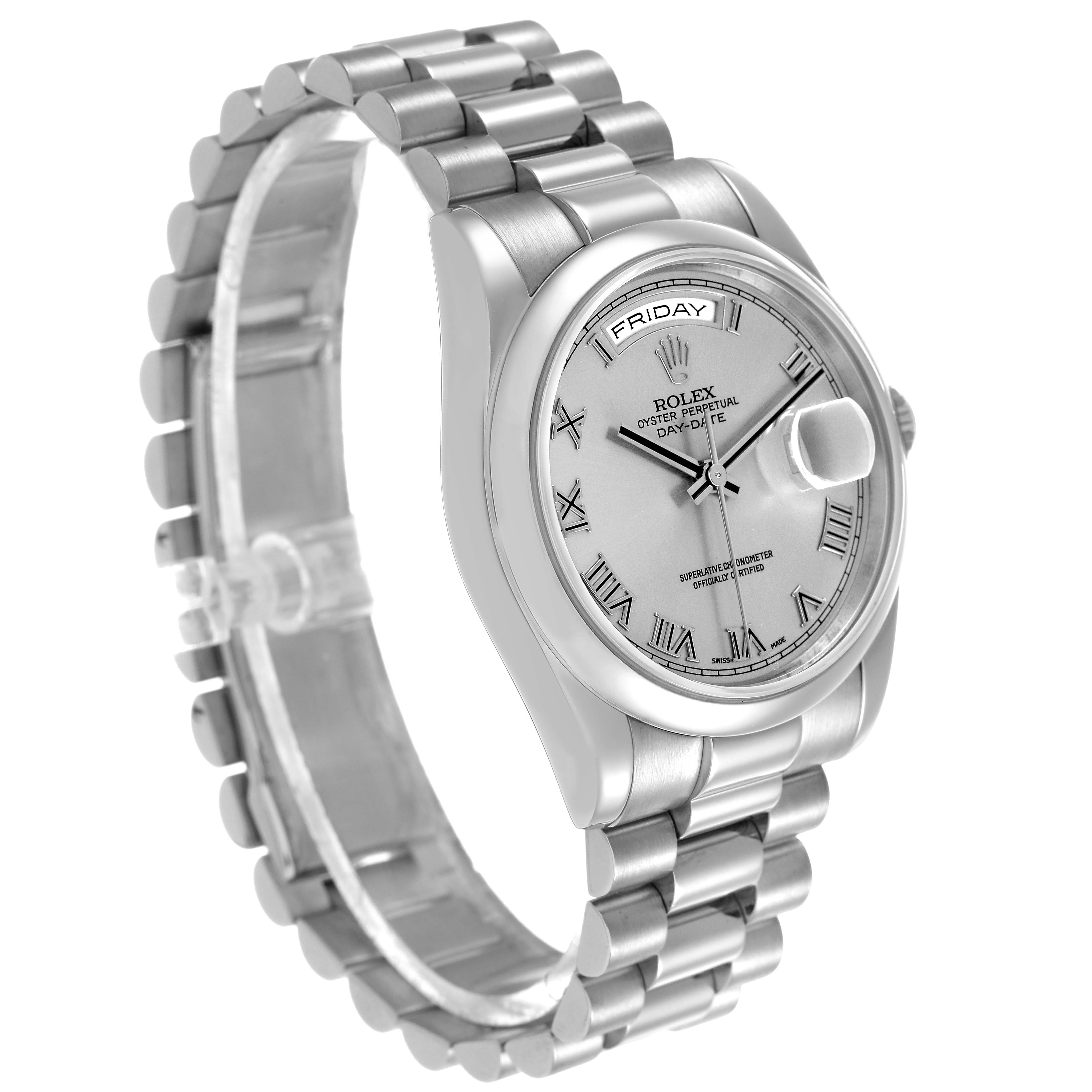 The Rolex President 118209 Men's White Gold Silver Dial watch is shown at a three-quarter angle, highlighting the dial, bracelet, and bezel.