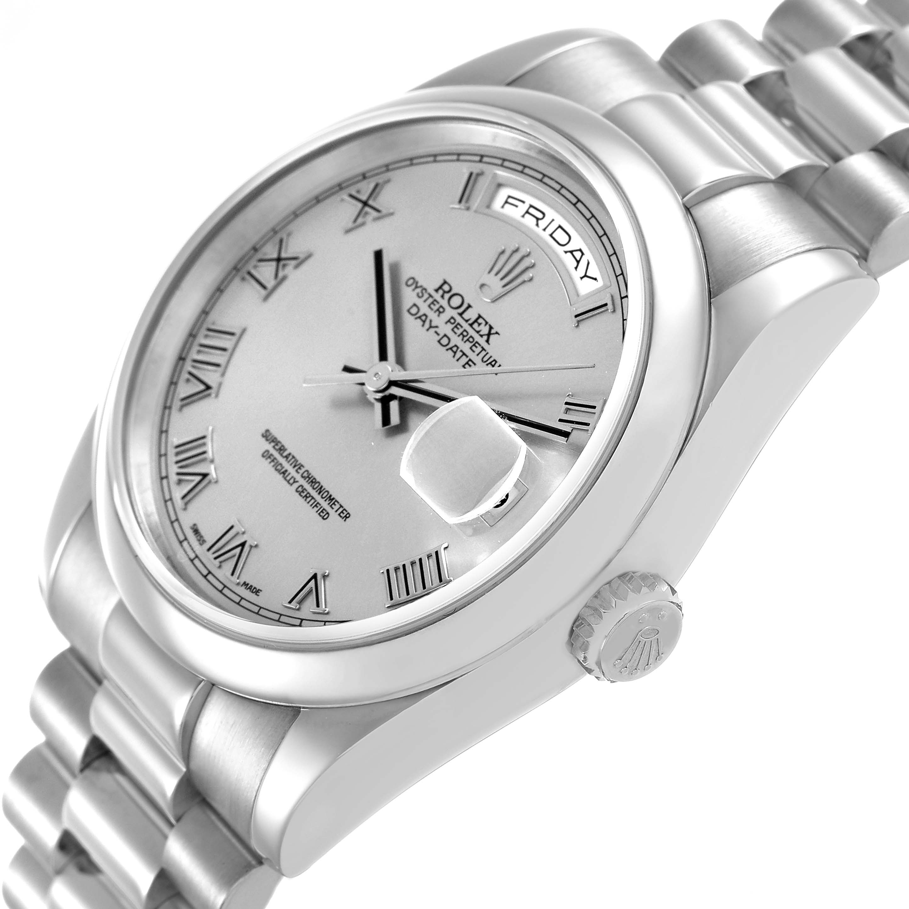 This Rolex President 118209 Men's White Gold Silver Dial model is shown from an angled side view, highlighting the dial, crown, and part of the bracelet.