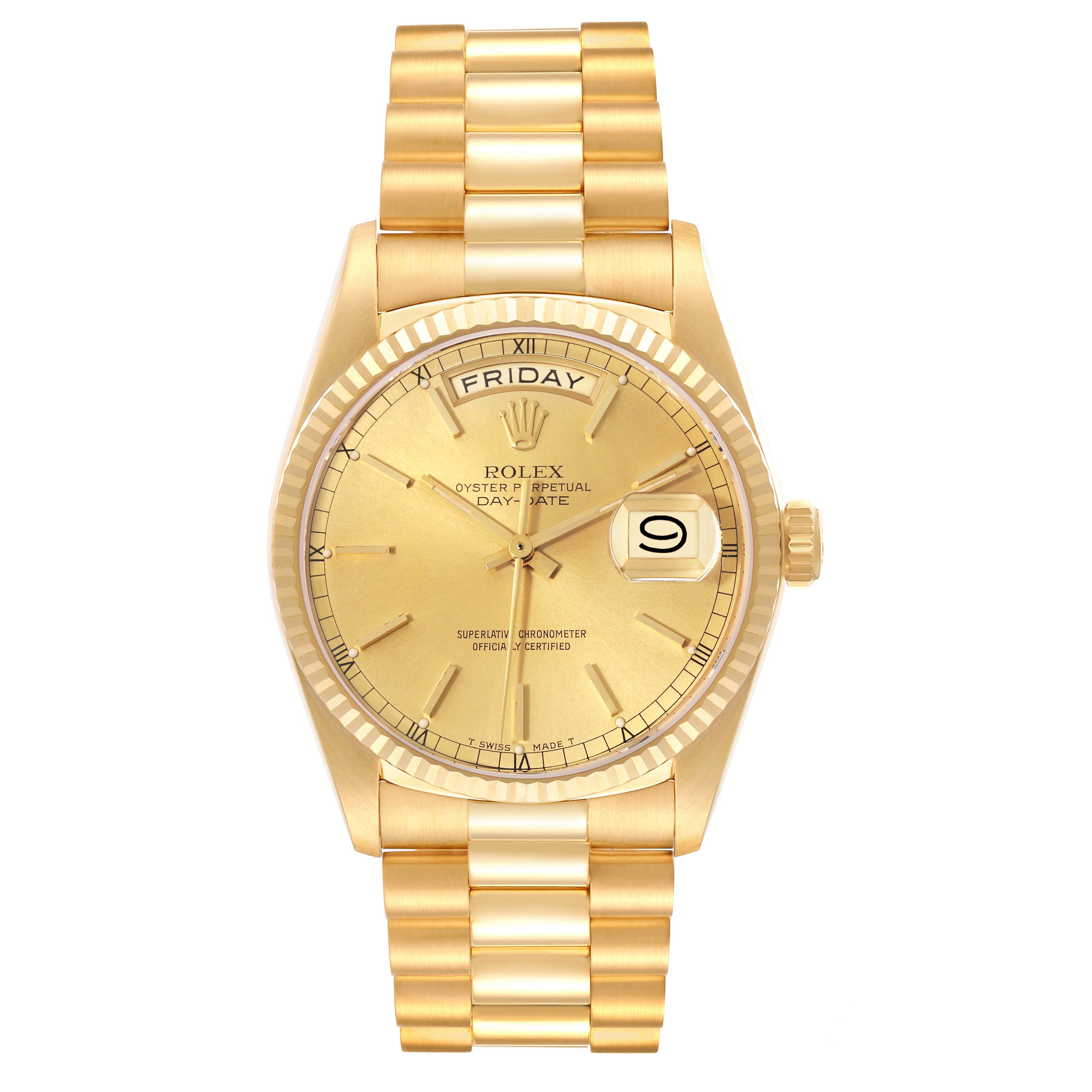 The Rolex President 18038 Men
s Yellow Gold Champagne Dial 18038 Men
s Yellow Gold Champagne Dial model watch is shown from a top-down angle, displaying its gold bracelet, face, and day-date features.