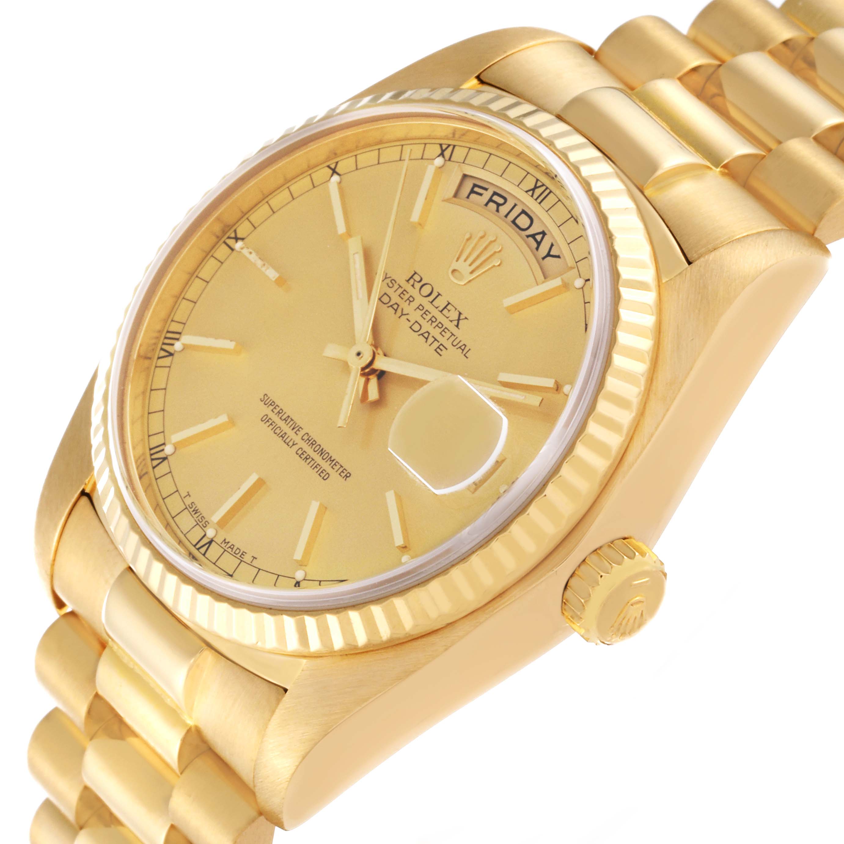 The image shows a close-up side angle of a gold Rolex President 18038 Men
s Yellow Gold Champagne Dial 18038 Men
s Yellow Gold Champagne Dial model watch, detailing the face, crown, and bracelet.