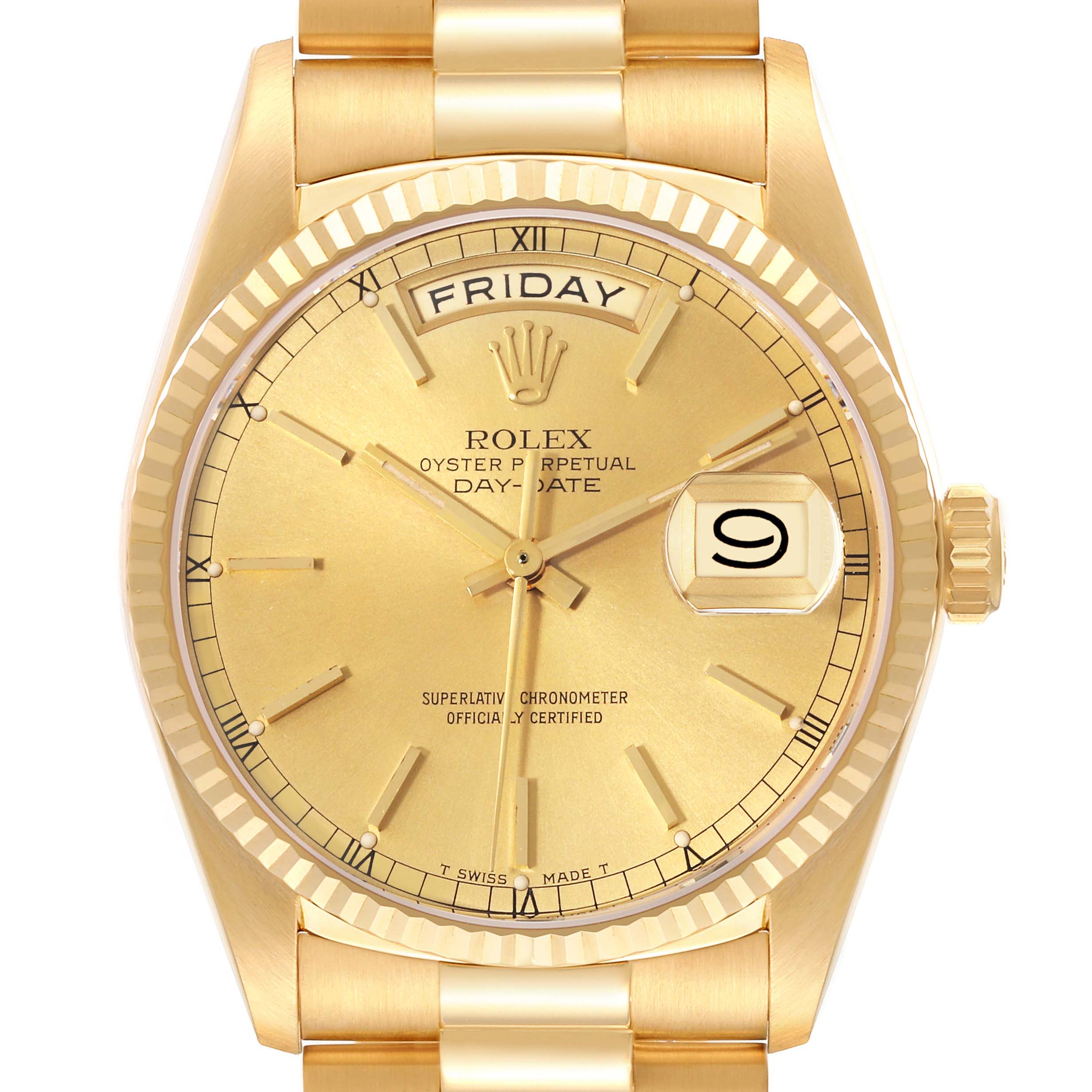 The image shows a front view of a Rolex President 18038 Men
s Yellow Gold Champagne Dial 18038 Men
s Yellow Gold Champagne Dial model with a gold dial, day-date display, and fluted bezel.