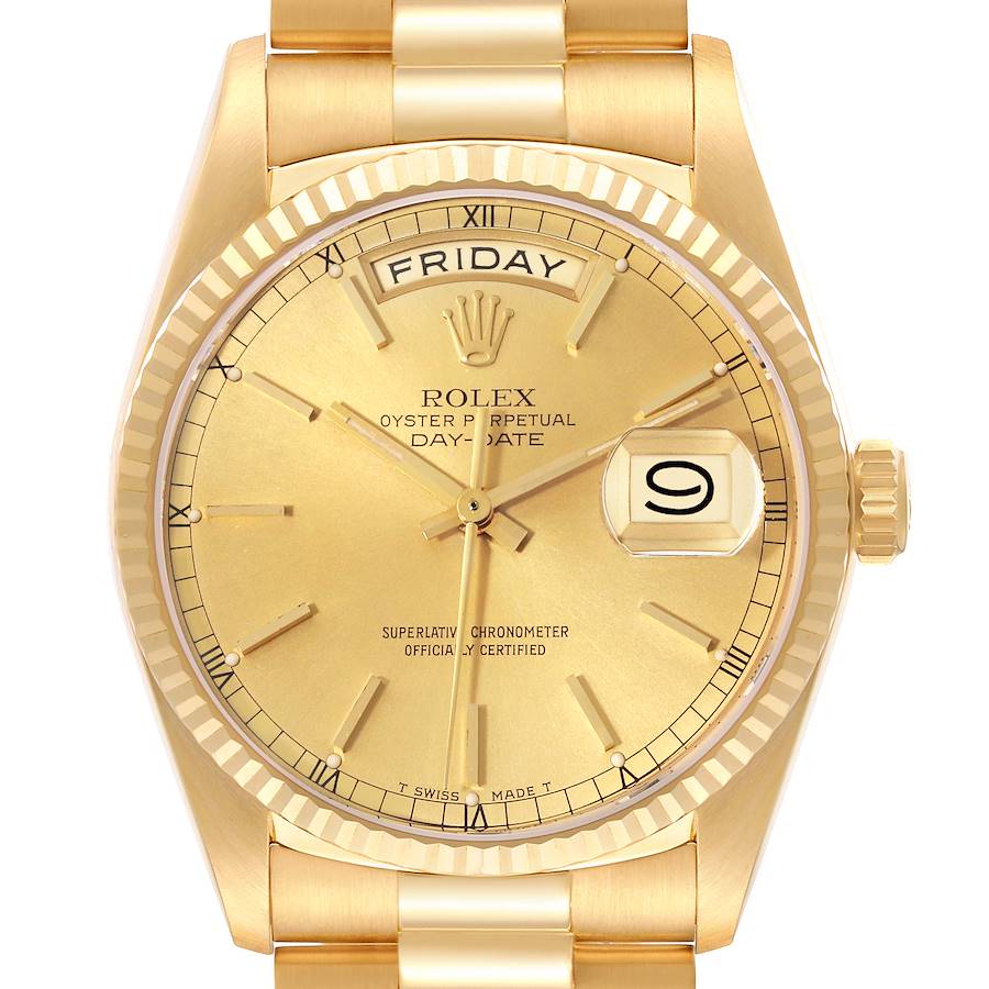 Rolex President Day Date Yellow Gold Champagne Dial Mens Watch 18038 SwissWatchExpo