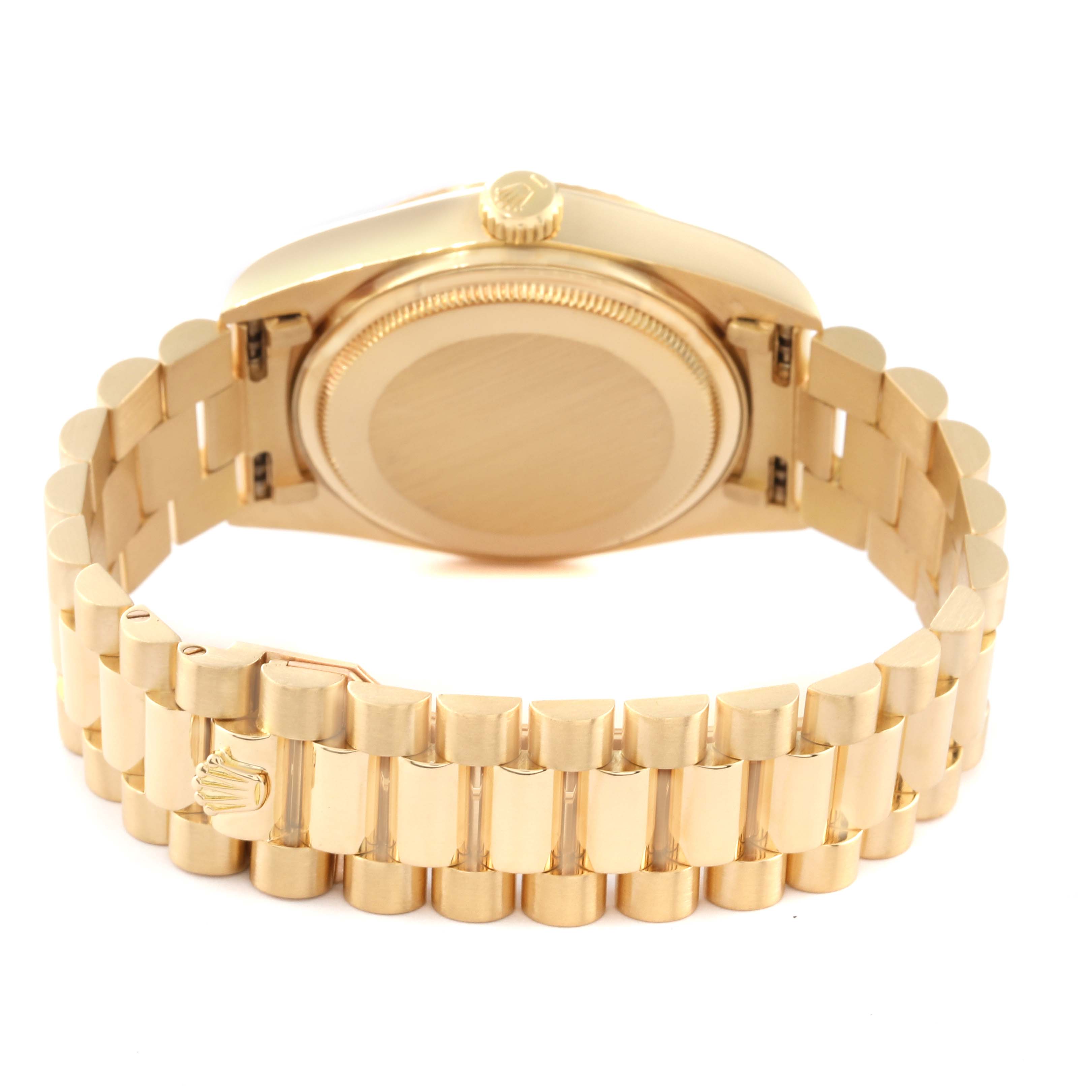 The image shows the back view of a Rolex President 18038 Men
s Yellow Gold Champagne Dial 18038 Men
s Yellow Gold Champagne Dial model watch, highlighting the bracelet, clasp, and case back.