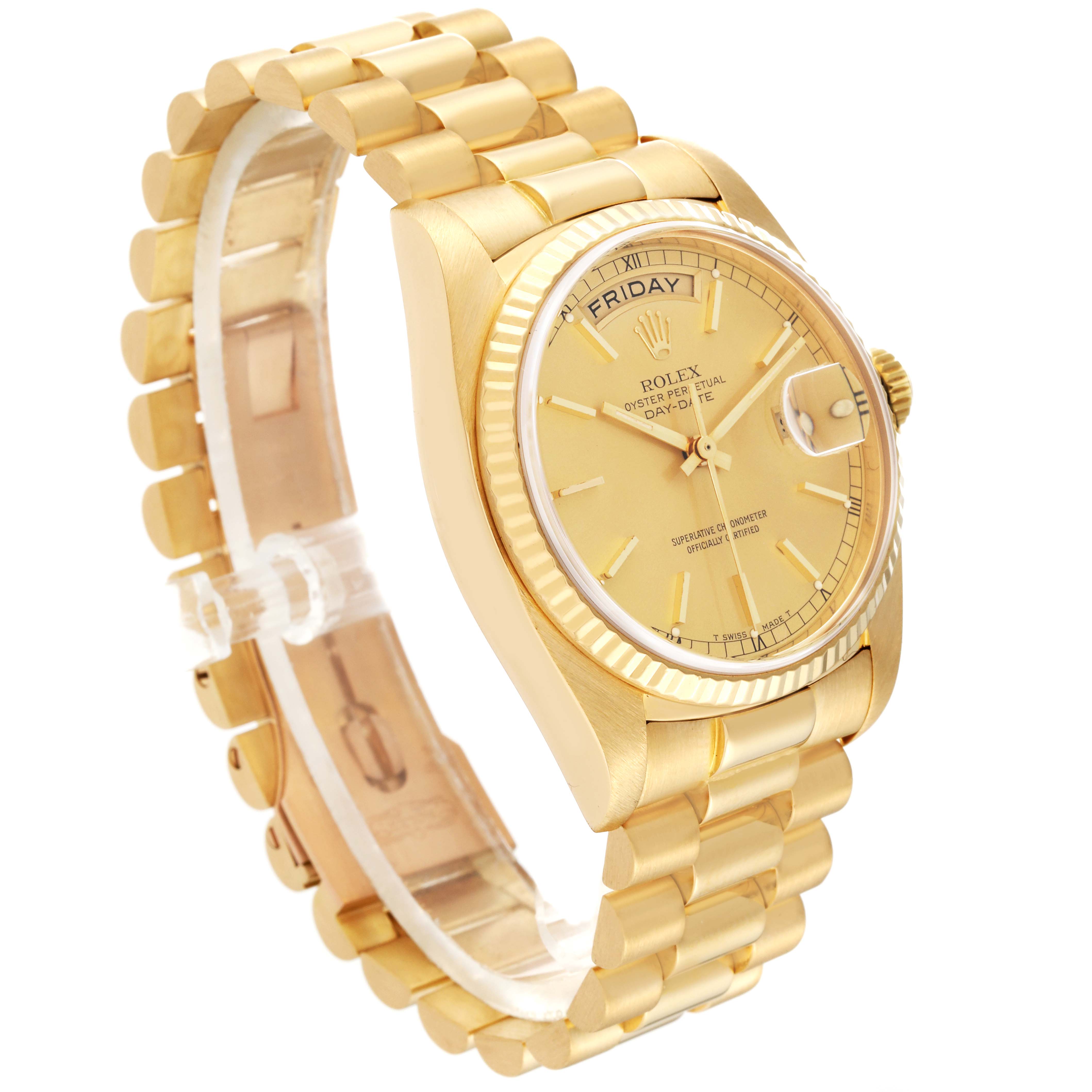 The image shows a Rolex President 18038 Men
s Yellow Gold Champagne Dial 18038 Men
s Yellow Gold Champagne Dial model watch at a three-fourths angle, highlighting the face, bezel, and bracelet.