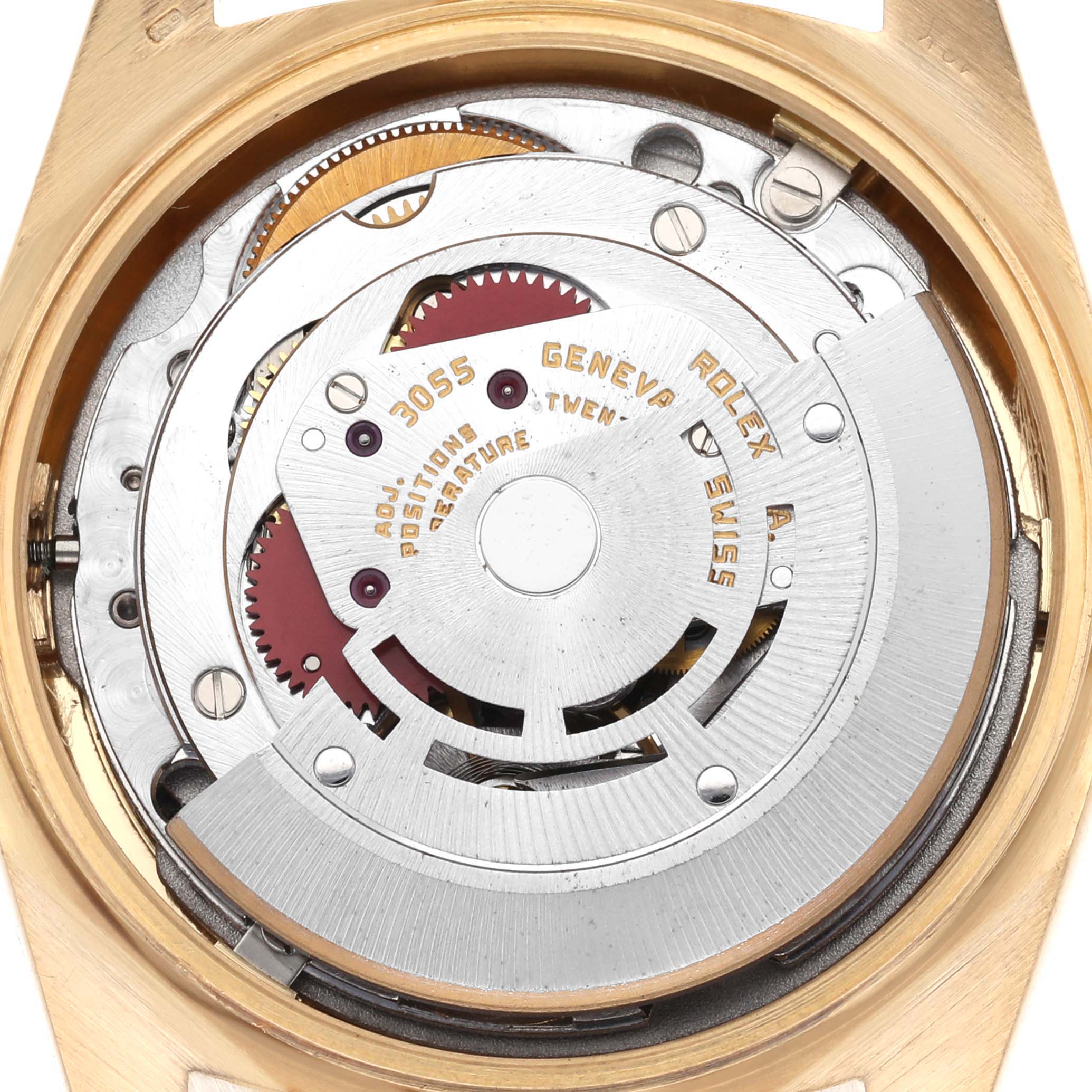This image shows the internal mechanical movement of a Rolex President 18038 Men
s Yellow Gold Champagne Dial 18038 Men
s Yellow Gold Champagne Dial model watch viewed from the back with the case removed.