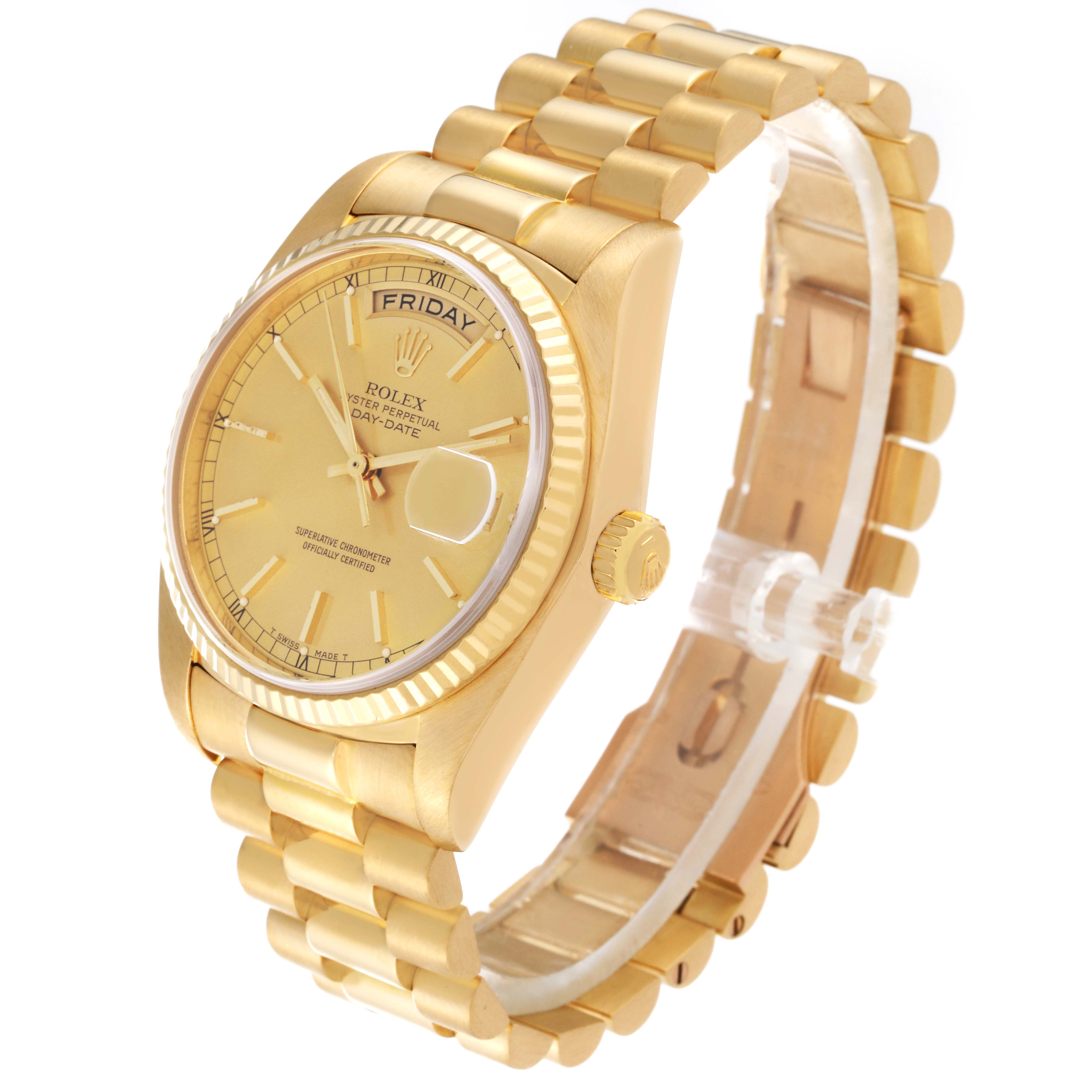 The image shows a side angle of a Rolex President 18038 Men
s Yellow Gold Champagne Dial 18038 Men
s Yellow Gold Champagne Dial model watch, highlighting the dial, bezel, band, and crown.