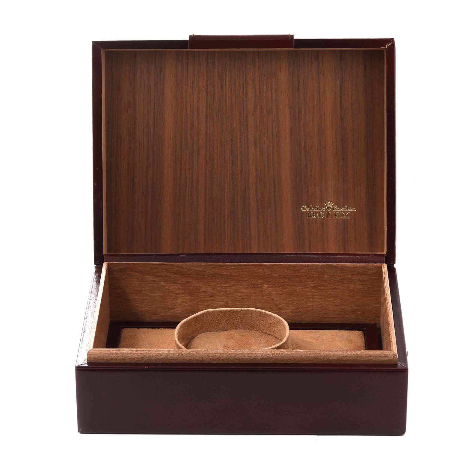 The image shows an open wooden box for a Rolex President 18038 Men
s Yellow Gold Champagne Dial 18038 Men
s Yellow Gold Champagne Dial model watch.