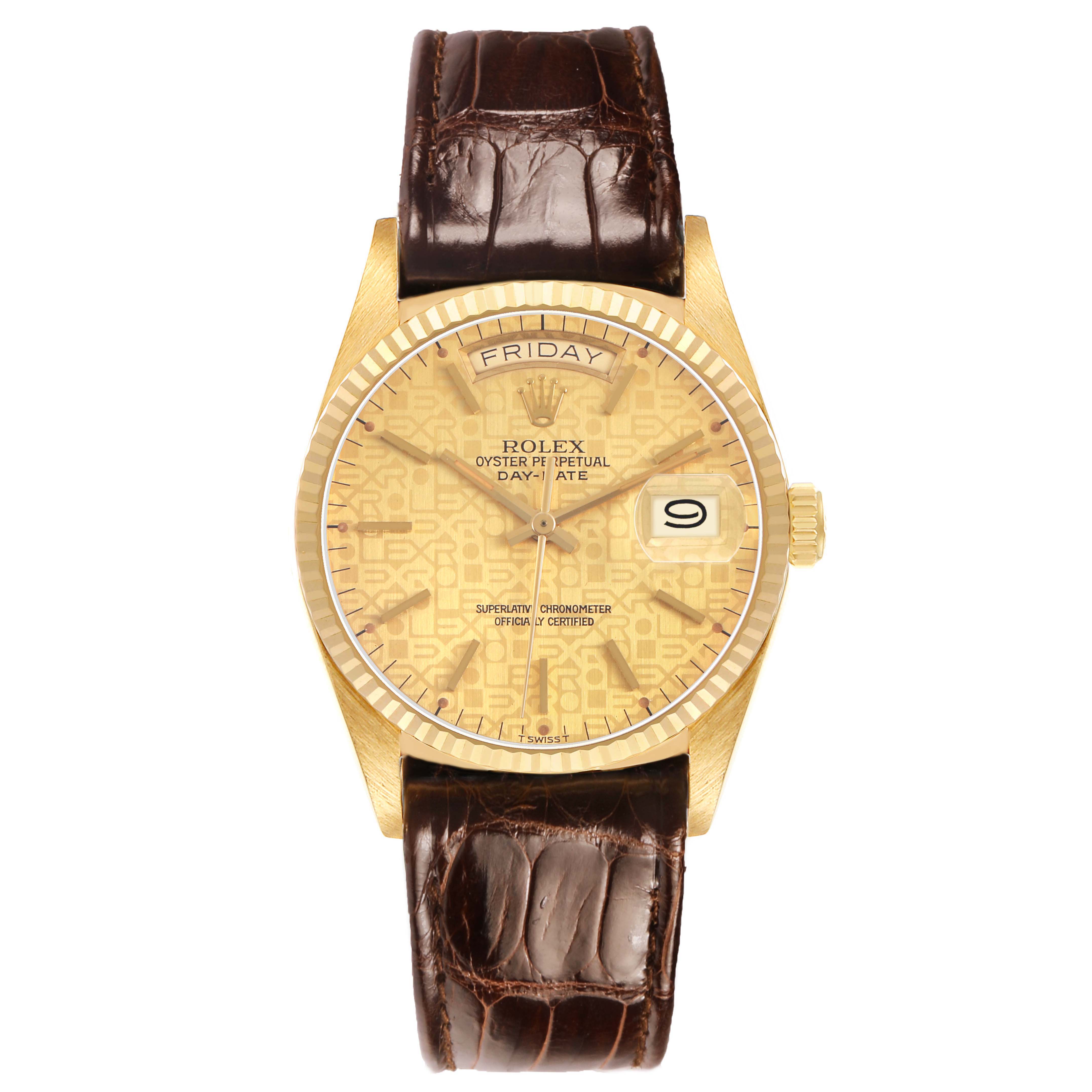 The Rolex President 18038 Men's Yellow Gold Champagne Dial watch is shown from the front, displaying its gold dial, day-date feature, bezel, and brown leather strap.