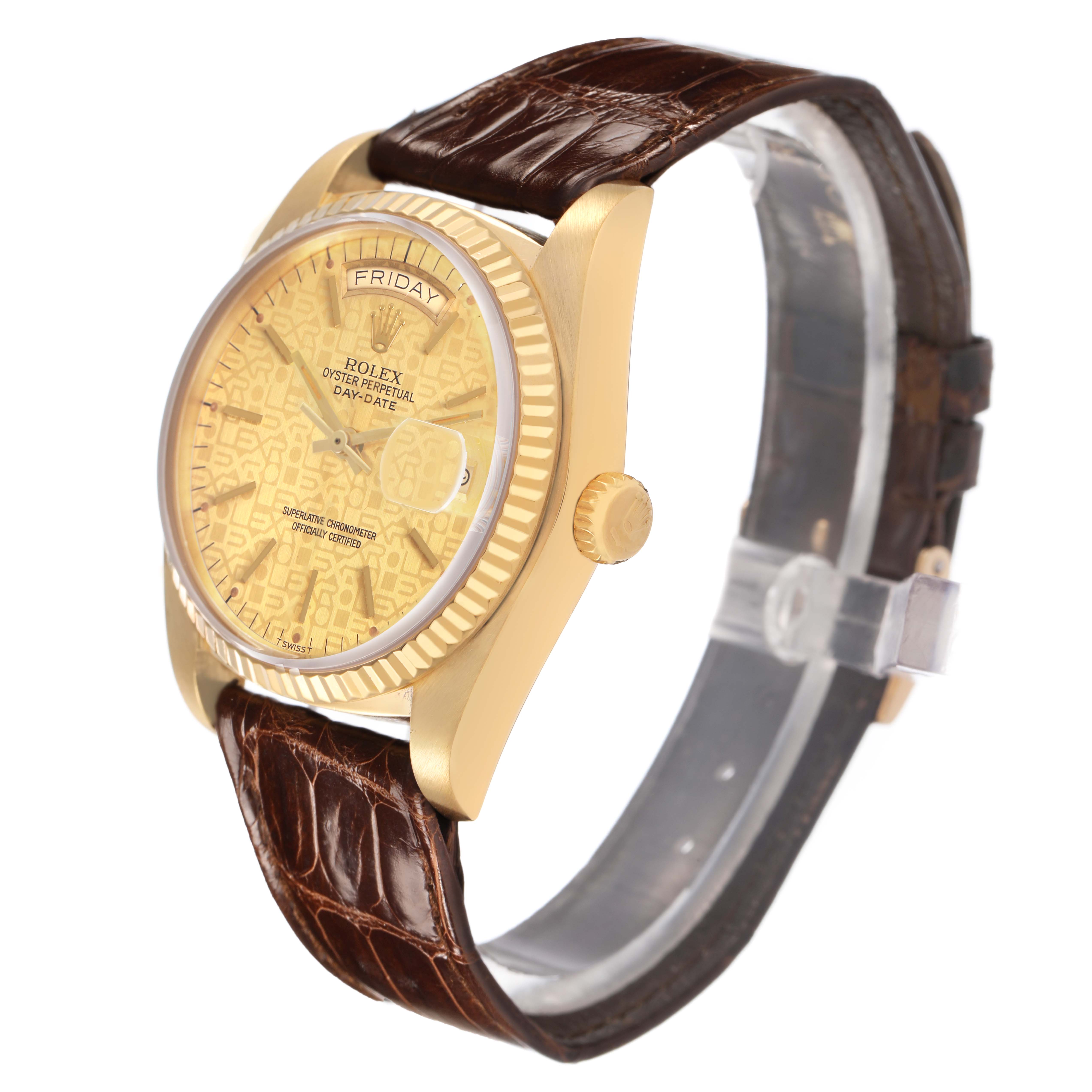 The Rolex President 18038 Men's Yellow Gold Champagne Dial model watch is shown from a side angle, displaying the gold bezel, crown, face, and brown leather strap.