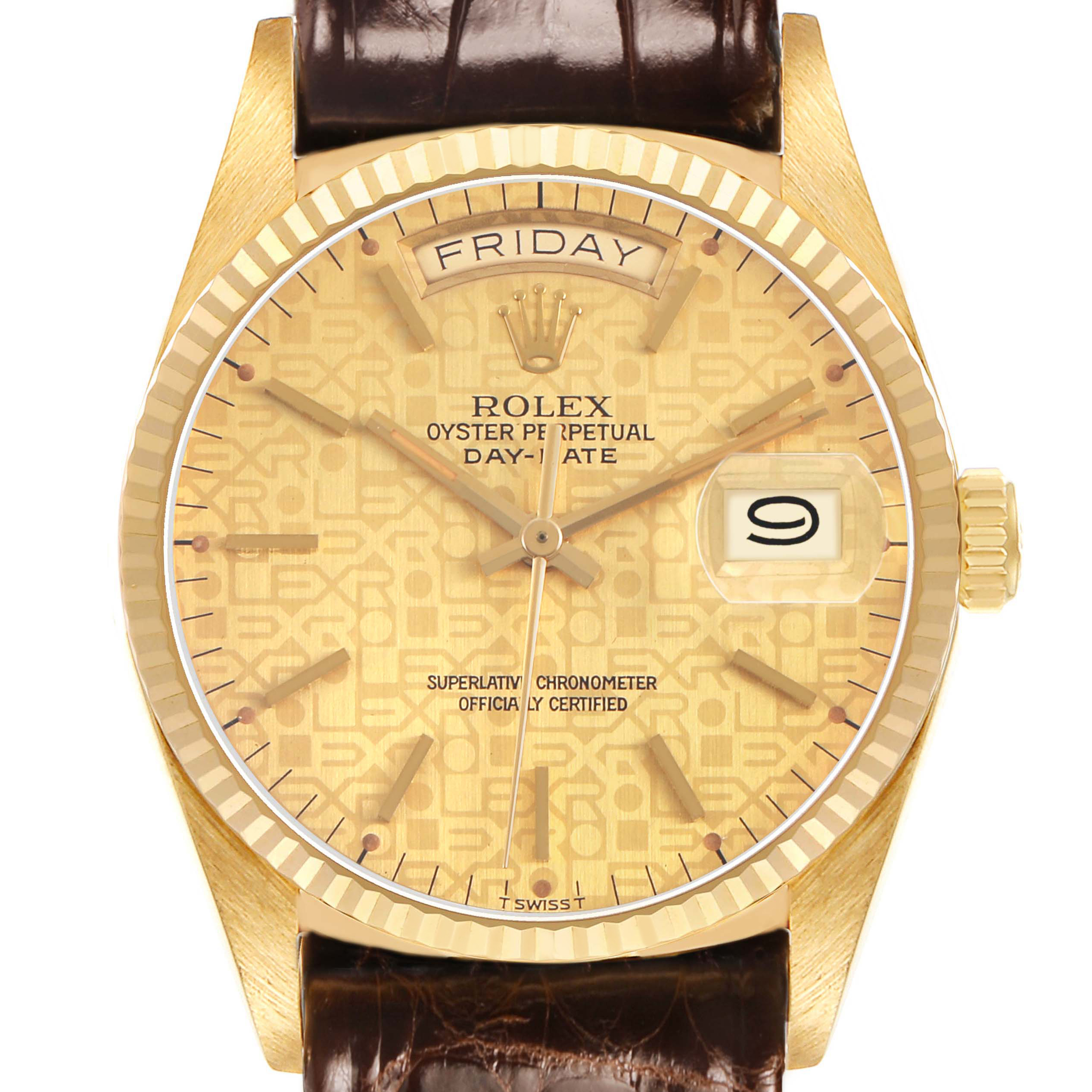 The Rolex President 18038 Men's Yellow Gold Champagne Dial model is shown from the front, highlighting the dial, day and date indicators, and textured band.