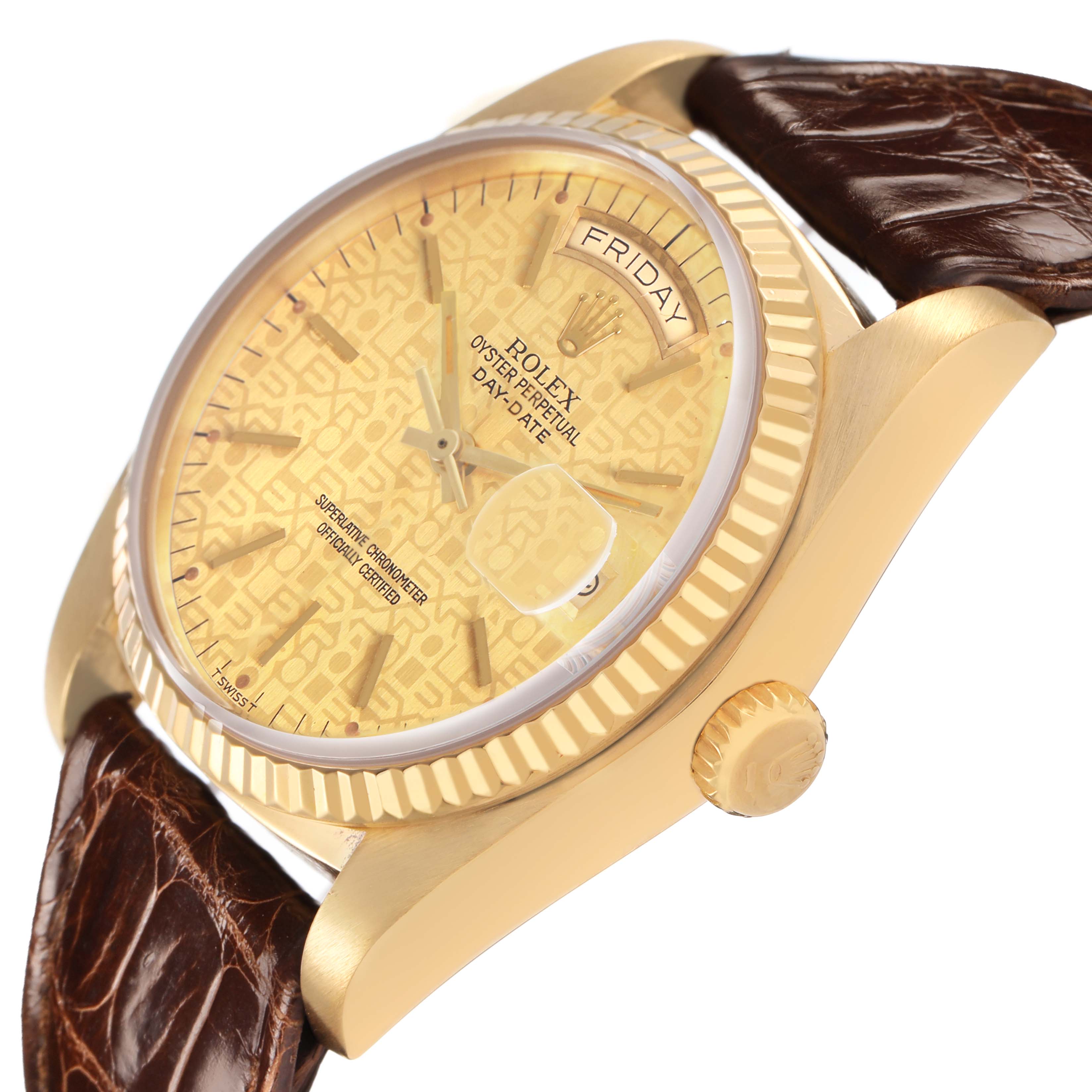 The Rolex President 18038 Men's Yellow Gold Champagne Dial watch is shown at a three-quarter angle, highlighting the gold case, crown, textured dial, and leather strap.