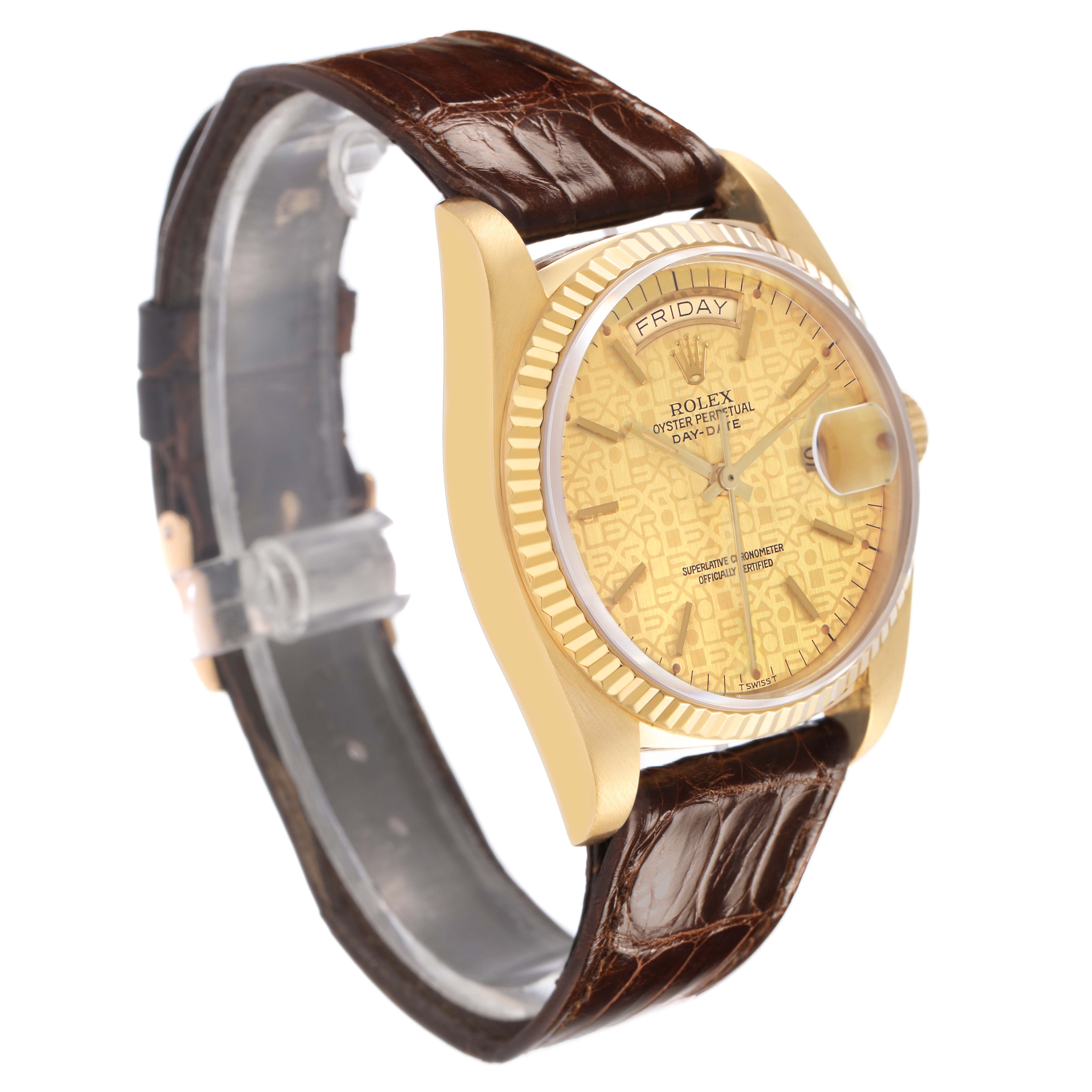 The Rolex President 18038 Men's Yellow Gold Champagne Dial watch is shown at a slight angle, highlighting the gold case, patterned dial, and leather strap.