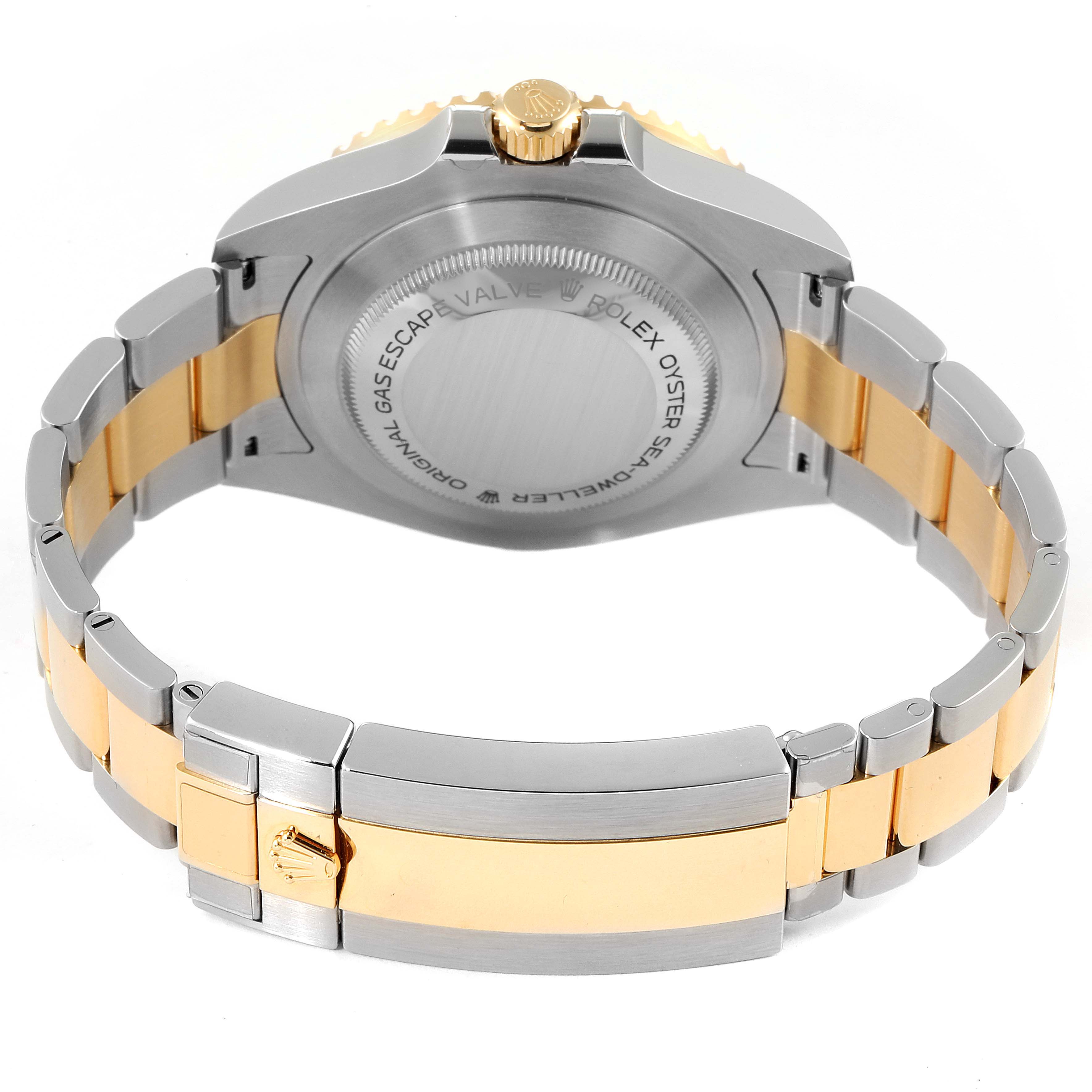 The image shows the back and side of a Rolex Sea-Dweller 126603 Men's Steel and Gold (two tone) Black Dial 126603 Men's Steel and Gold (two tone) Black Dial watch, focusing on the case back and two-tone bracelet.