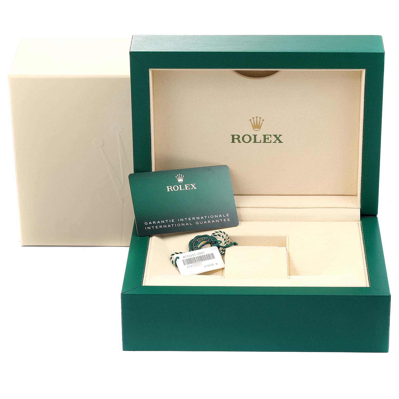 The image shows an open Rolex Sea-Dweller 126603 Men's Steel and Gold (two tone) Black Dial 126603 Men's Steel and Gold (two tone) Black Dial watch box along with its international guarantee card and tags.