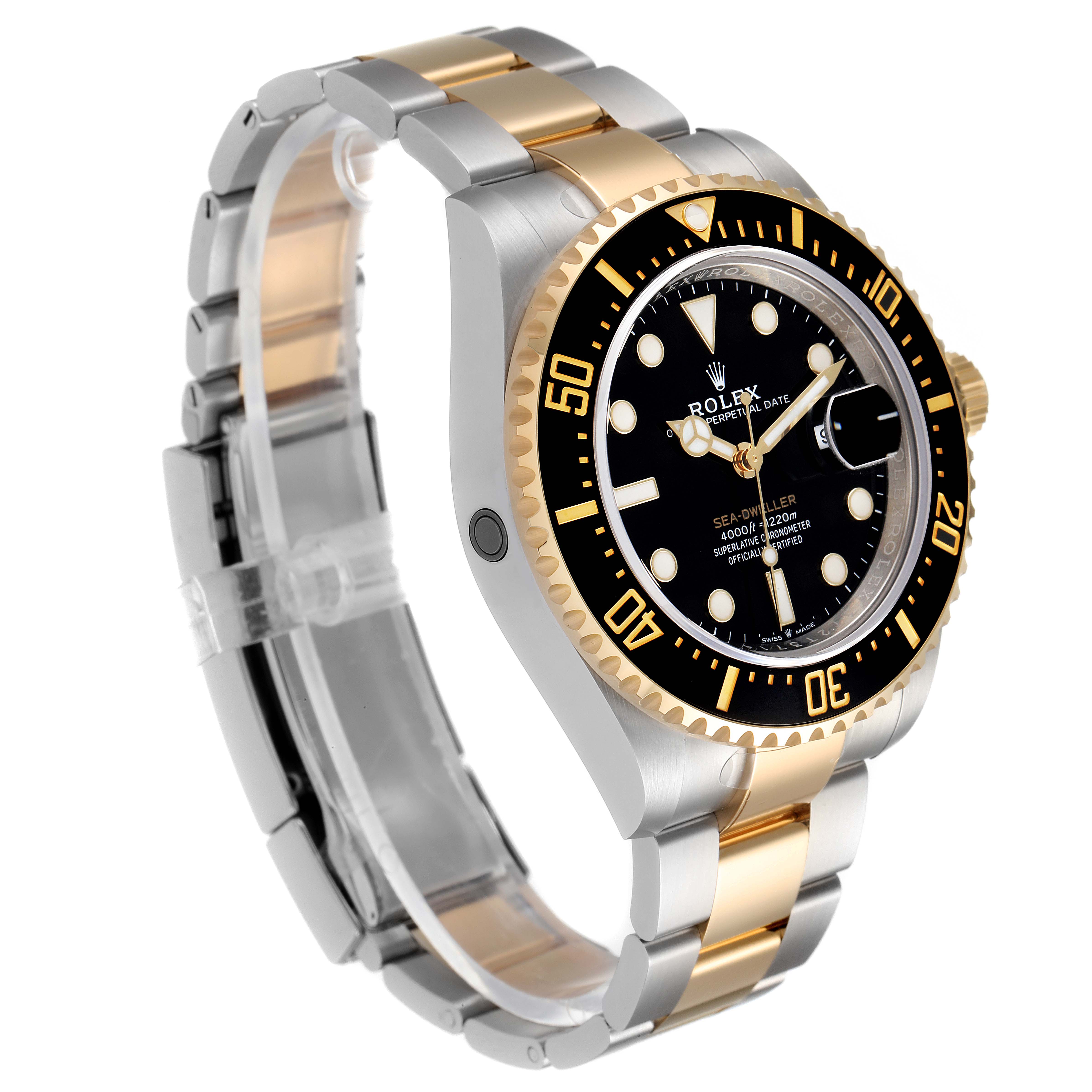 The image shows a Rolex Sea-Dweller 126603 Men's Steel and Gold (two tone) Black Dial 126603 Men's Steel and Gold (two tone) Black Dial watch at a right-side angle, highlighting its bezel, dial, and two-tone bracelet.