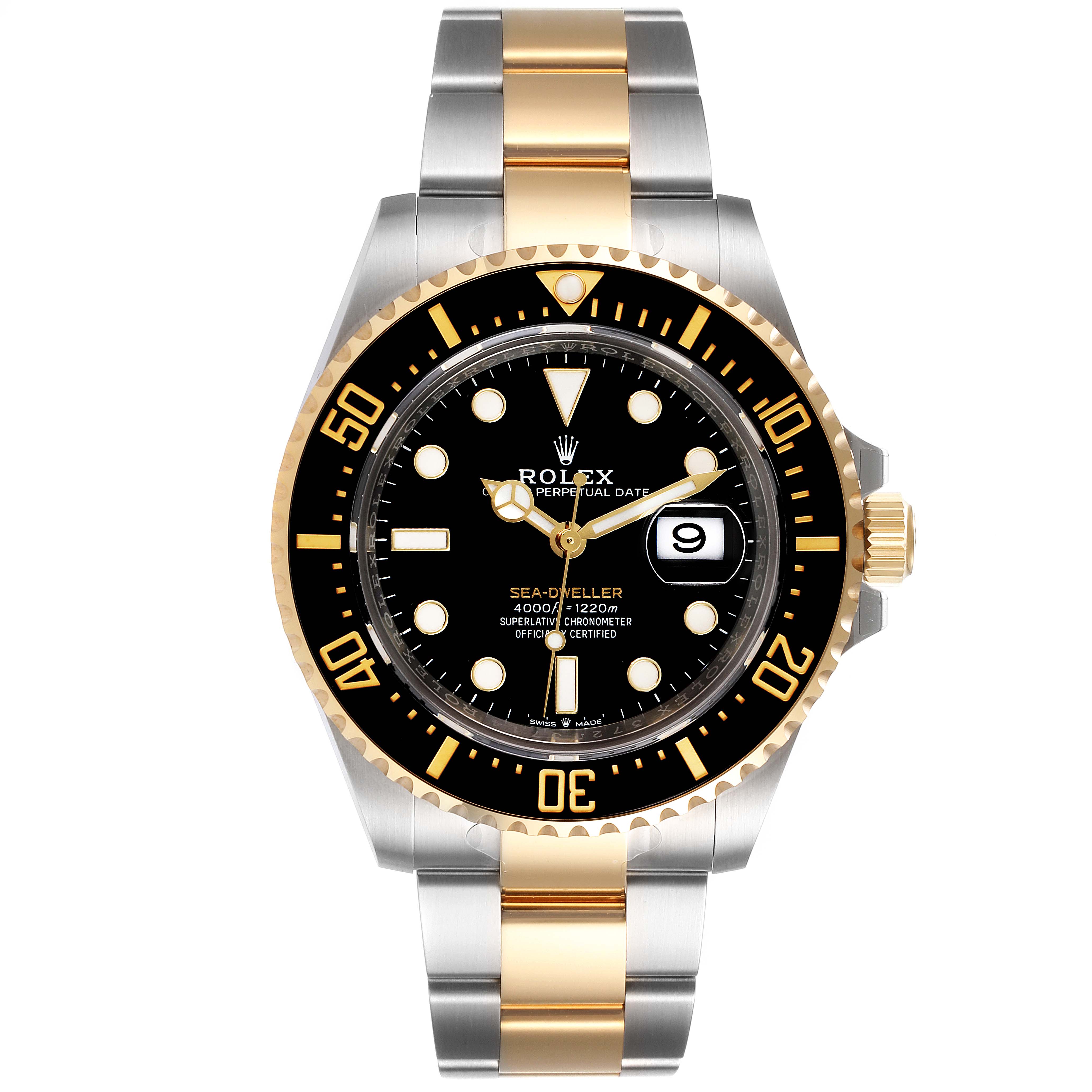 The image shows a front view of the Rolex Sea-Dweller 126603 Men's Steel and Gold (two tone) Black Dial 126603 Men's Steel and Gold (two tone) Black Dial watch, highlighting the dial, bezel, and two-tone bracelet.