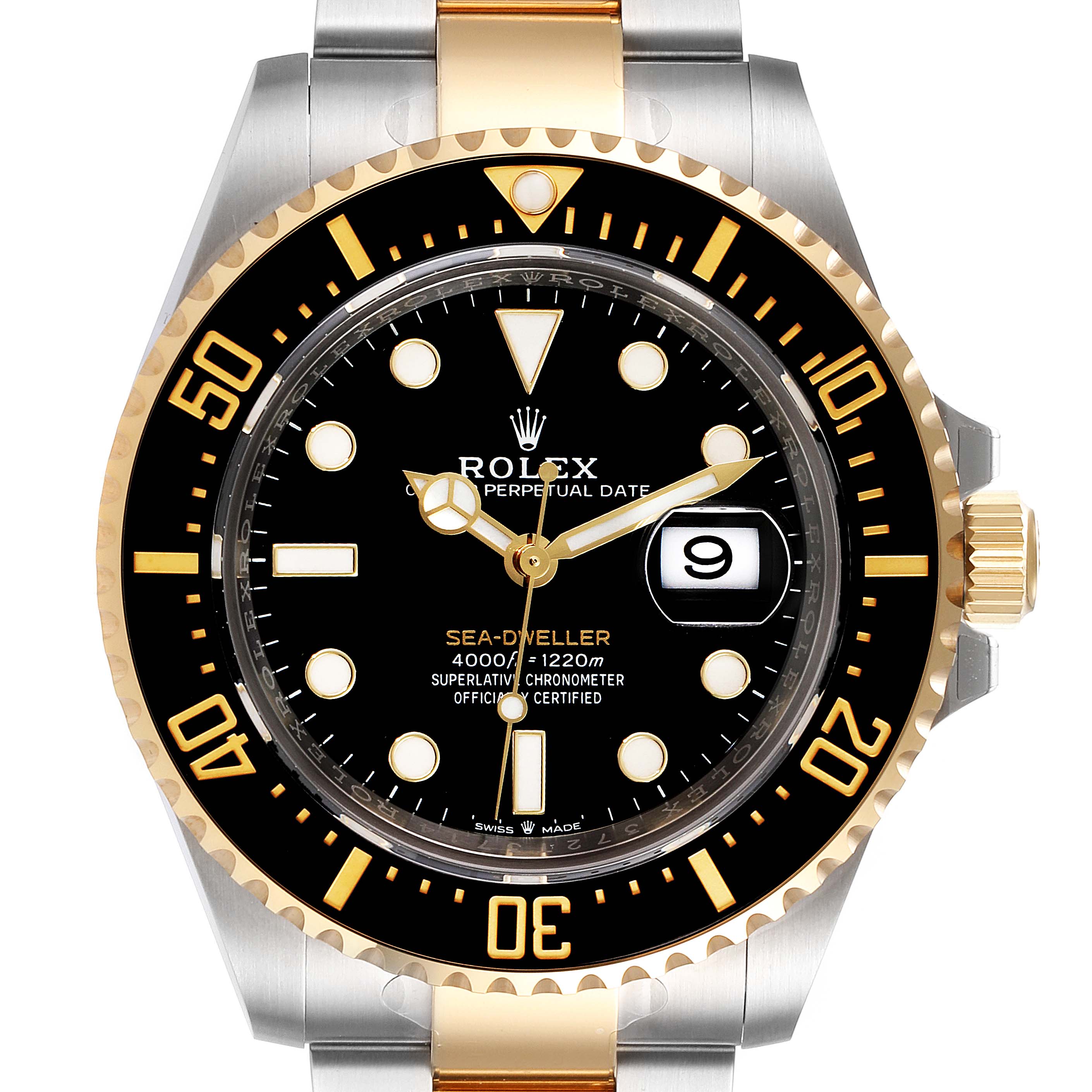 This image shows a frontal view of the Rolex Sea-Dweller 126603 Men's Steel and Gold (two tone) Black Dial 126603 Men's Steel and Gold (two tone) Black Dial watch, highlighting its black dial, date window, and two-tone bezel.