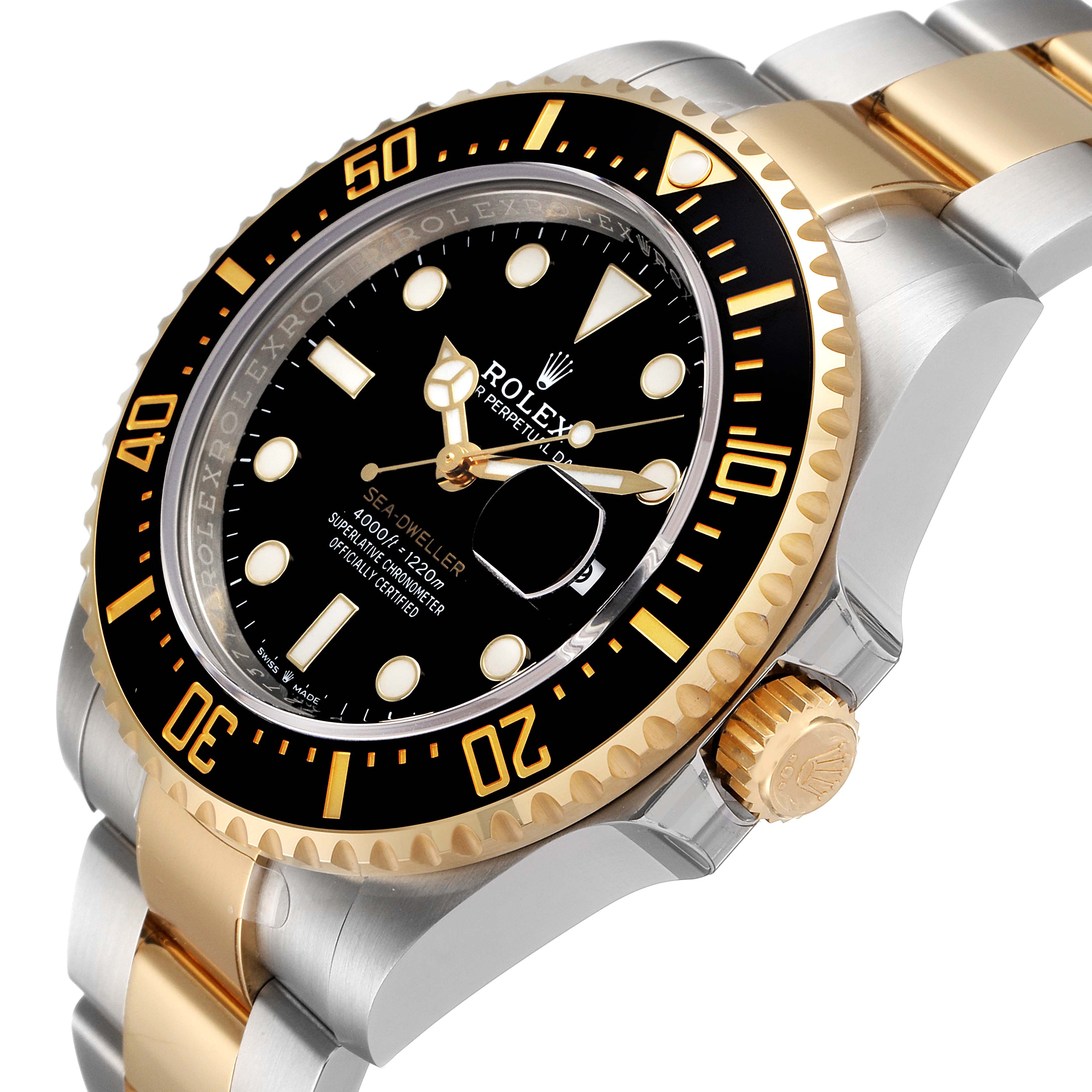The image shows a close-up of a Rolex Sea-Dweller 126603 Men's Steel and Gold (two tone) Black Dial 126603 Men's Steel and Gold (two tone) Black Dial watch, highlighting the bezel, crown, dial, and two-tone bracelet at an angled view.