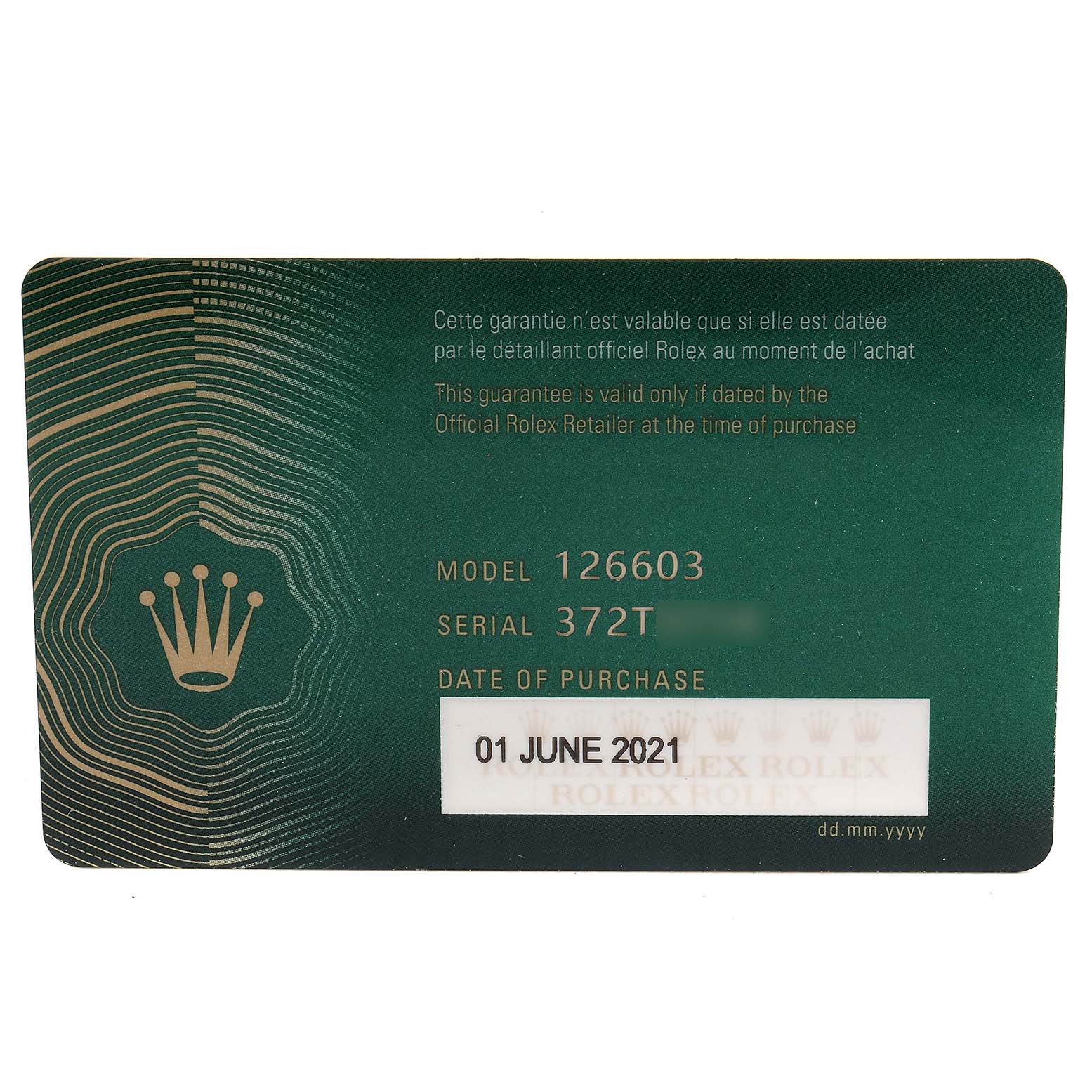 The image is of a warranty card for the Rolex Sea-Dweller 126603 Men's Steel and Gold (two tone) Black Dial 126603 Men's Steel and Gold (two tone) Black Dial model 126603, showing the model, serial number, and date of purchase.