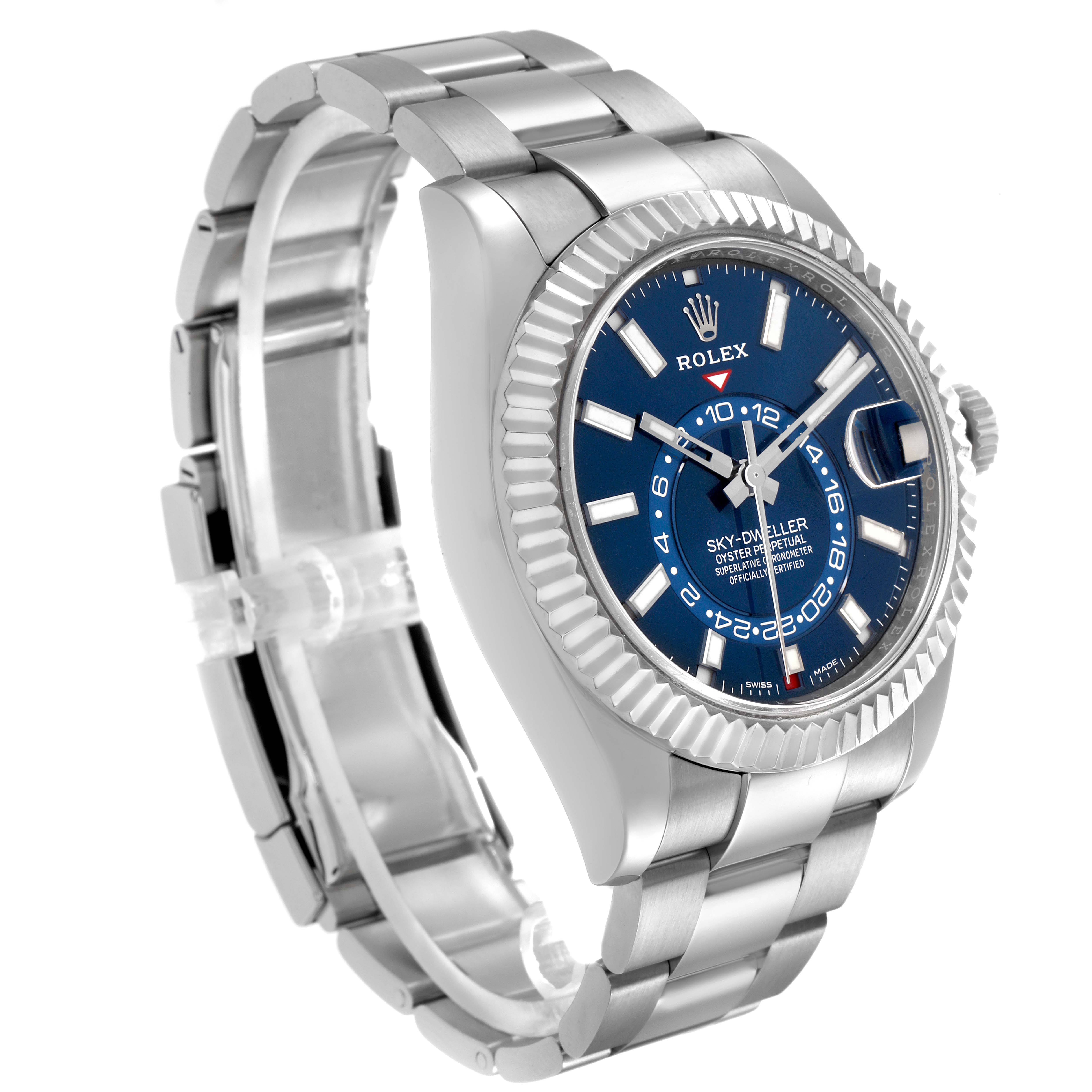 The Rolex Sky-Dweller model 326934 is shown at a three-quarter angle, highlighting the case, bezel, dial, bracelet, and crown.