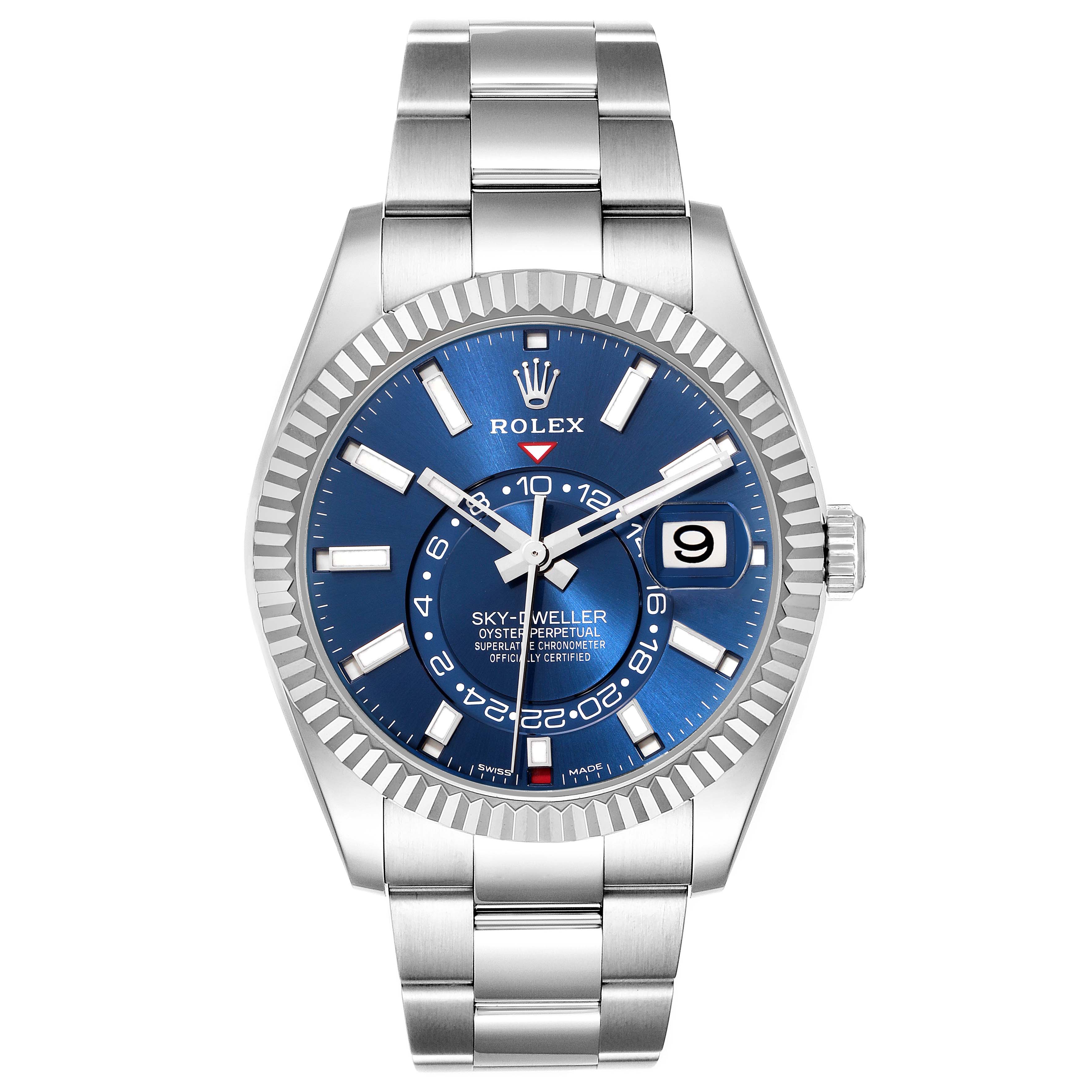 The image shows a front view of the Rolex Sky-Dweller 326934 men's watch, featuring its blue dial, fluted bezel, and stainless steel bracelet.