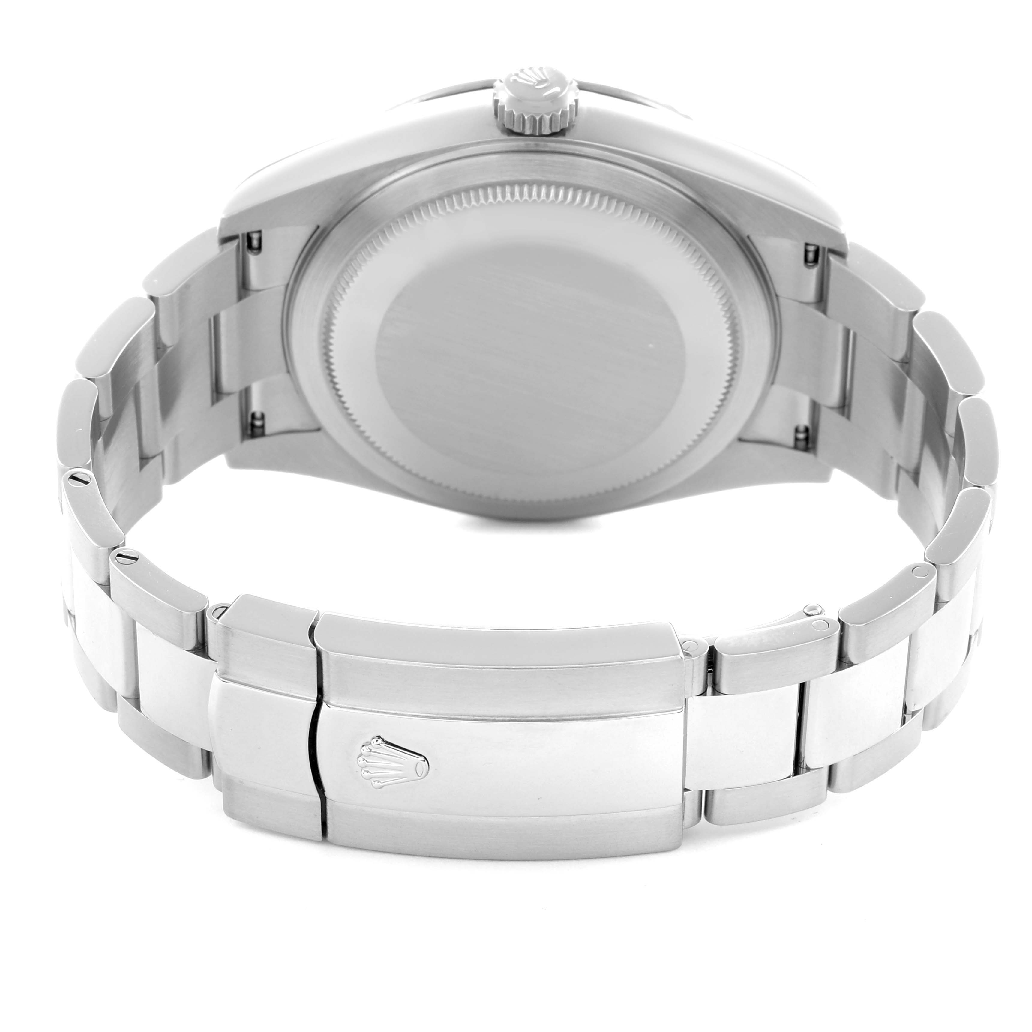 The image shows the back view of a Rolex Sky-Dweller, model 326934, highlighting the case back, bracelet, and clasp with the Rolex logo.