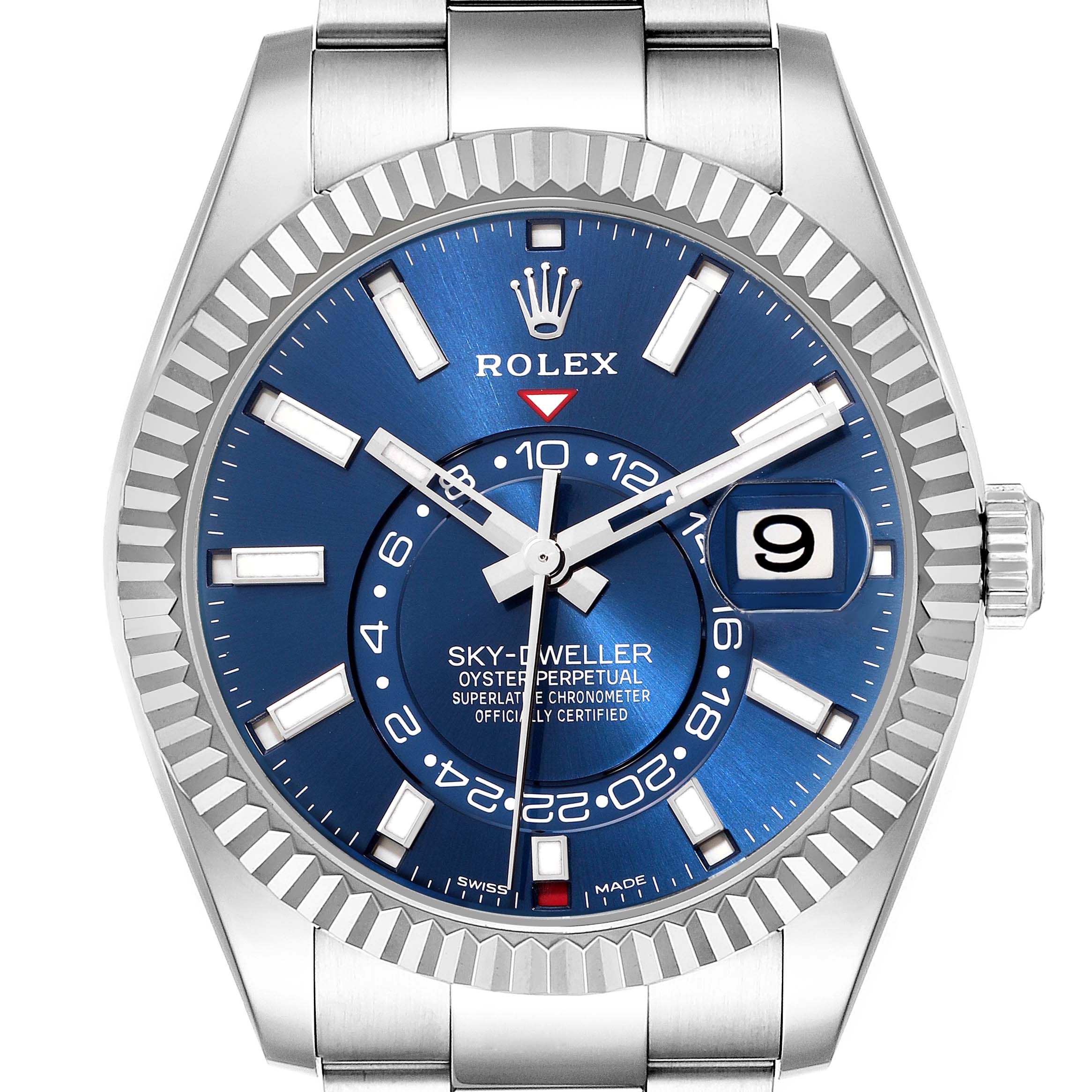 The Rolex Sky-Dweller model 326934 is shown from the front, displaying its blue dial, stainless steel case, crescented bezel, and partial bracelet links.