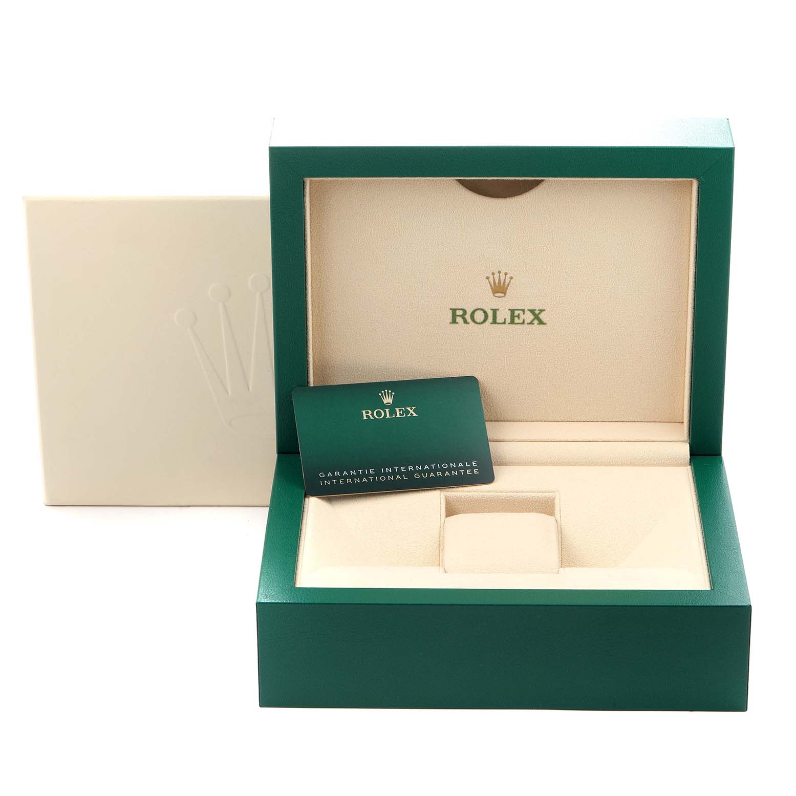 The image shows an open Rolex box for the Sky-Dweller model 326934, with a guarantee card and a display slot for the watch inside.