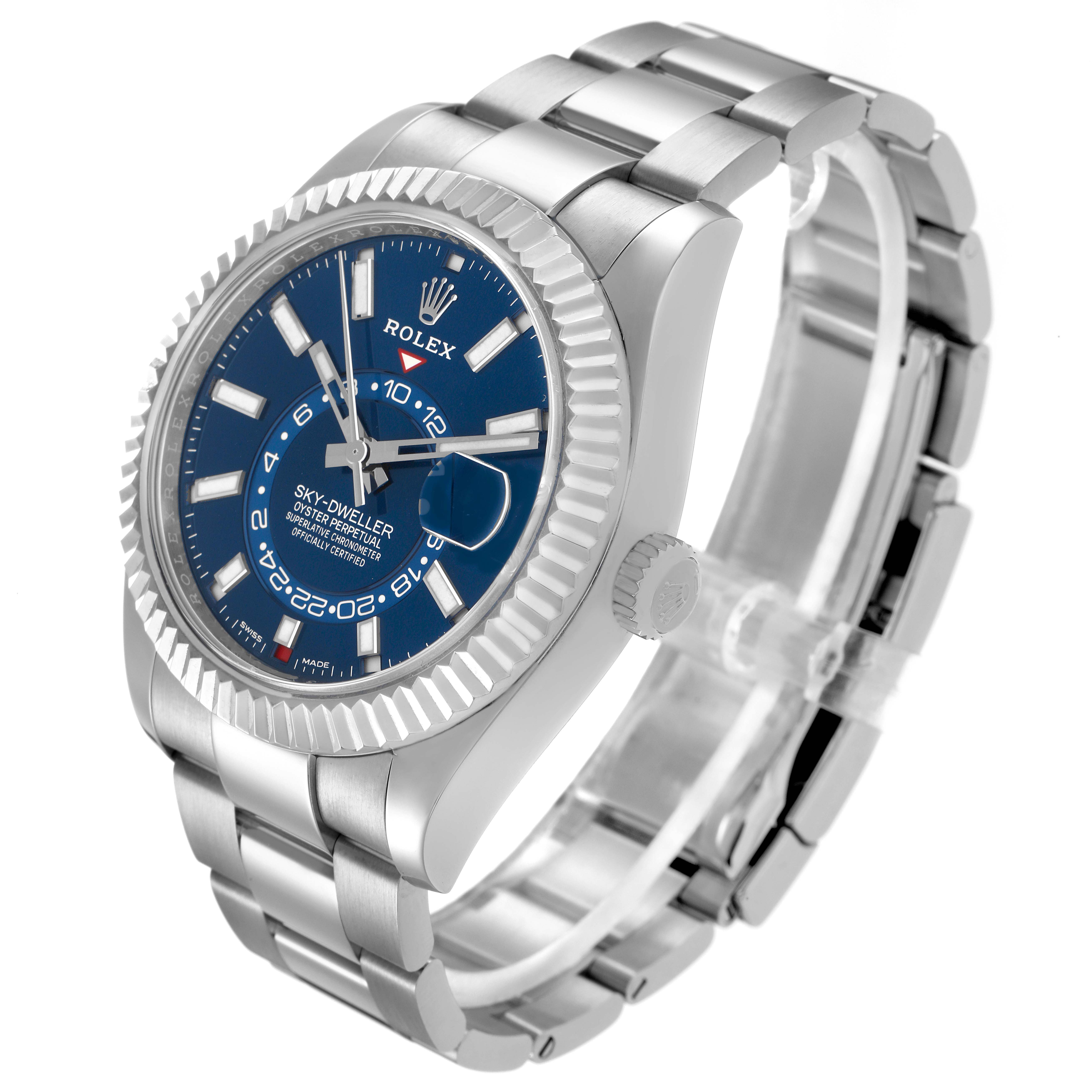 The image shows a Rolex Sky-Dweller model 326934 from a three-quarter angle, highlighting the bracelet, bezel, crown, and dial.