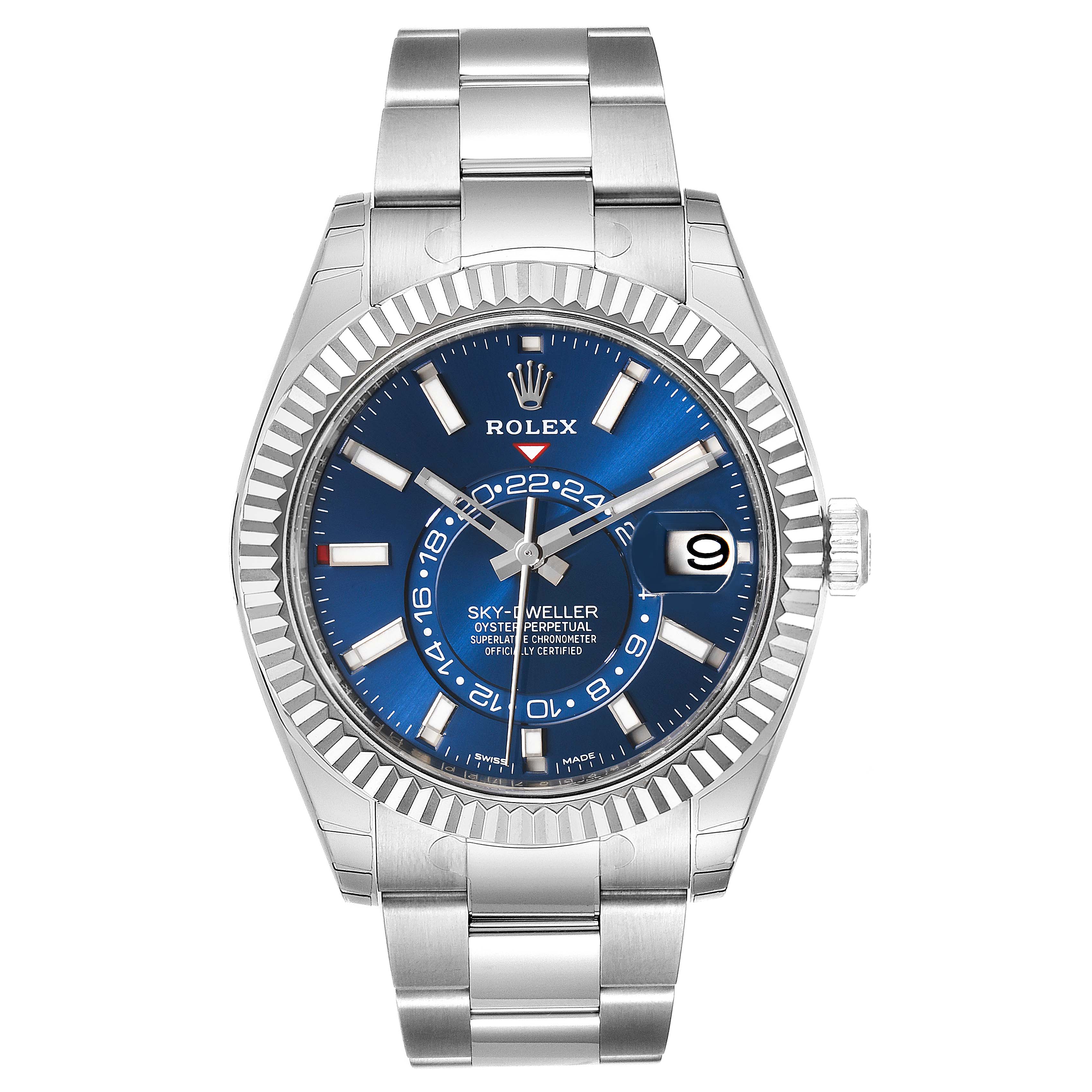 The image shows a front view of a Rolex Sky-Dweller 326934 Men's Stainless Steel Blue Dial 326934 Men's Stainless Steel Blue Dial watch with a blue dial and a stainless steel bracelet.