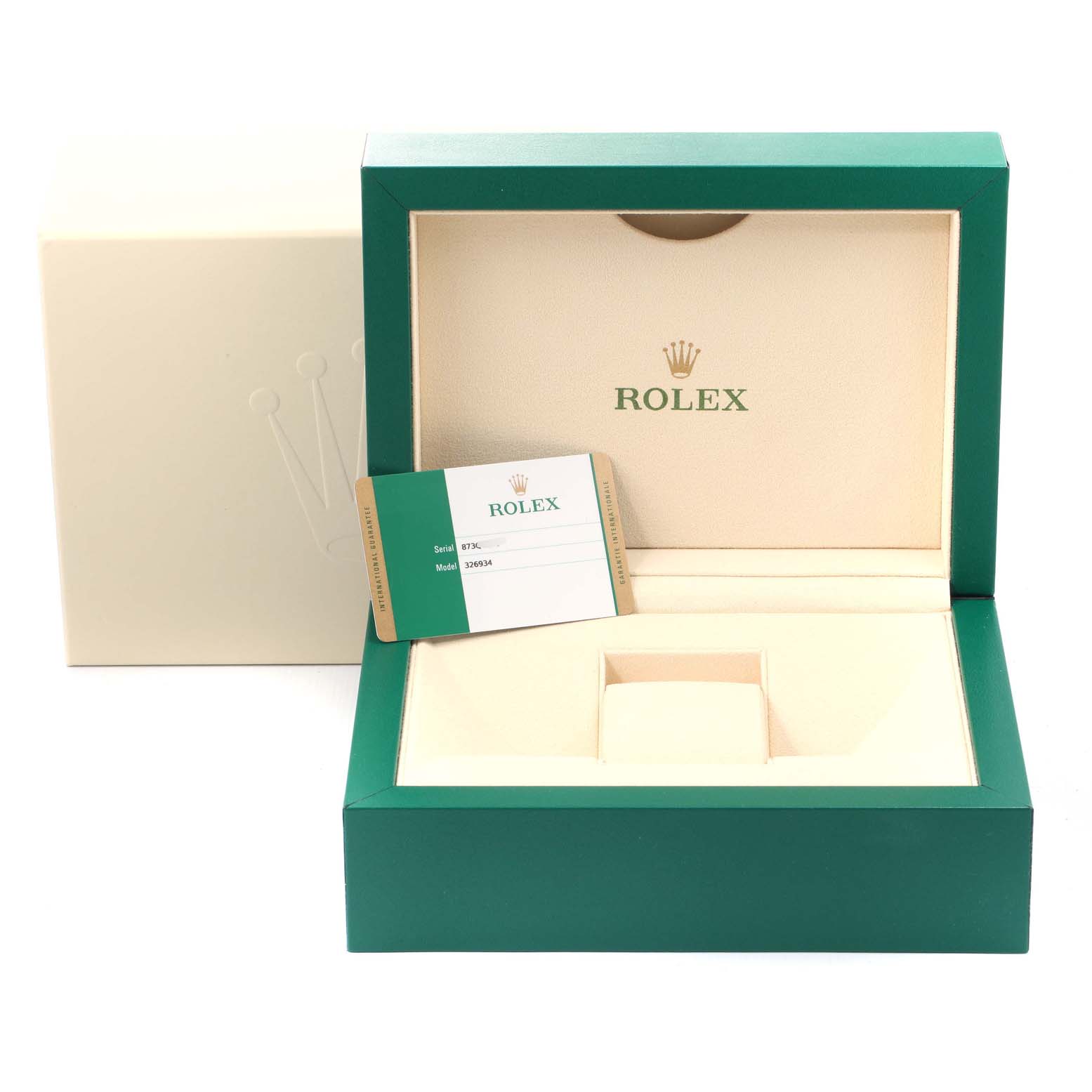 This image shows the opened presentation box and authentication card for a Rolex Sky-Dweller 326934 Men's Stainless Steel Blue Dial 326934 Men's Stainless Steel Blue Dial watch.