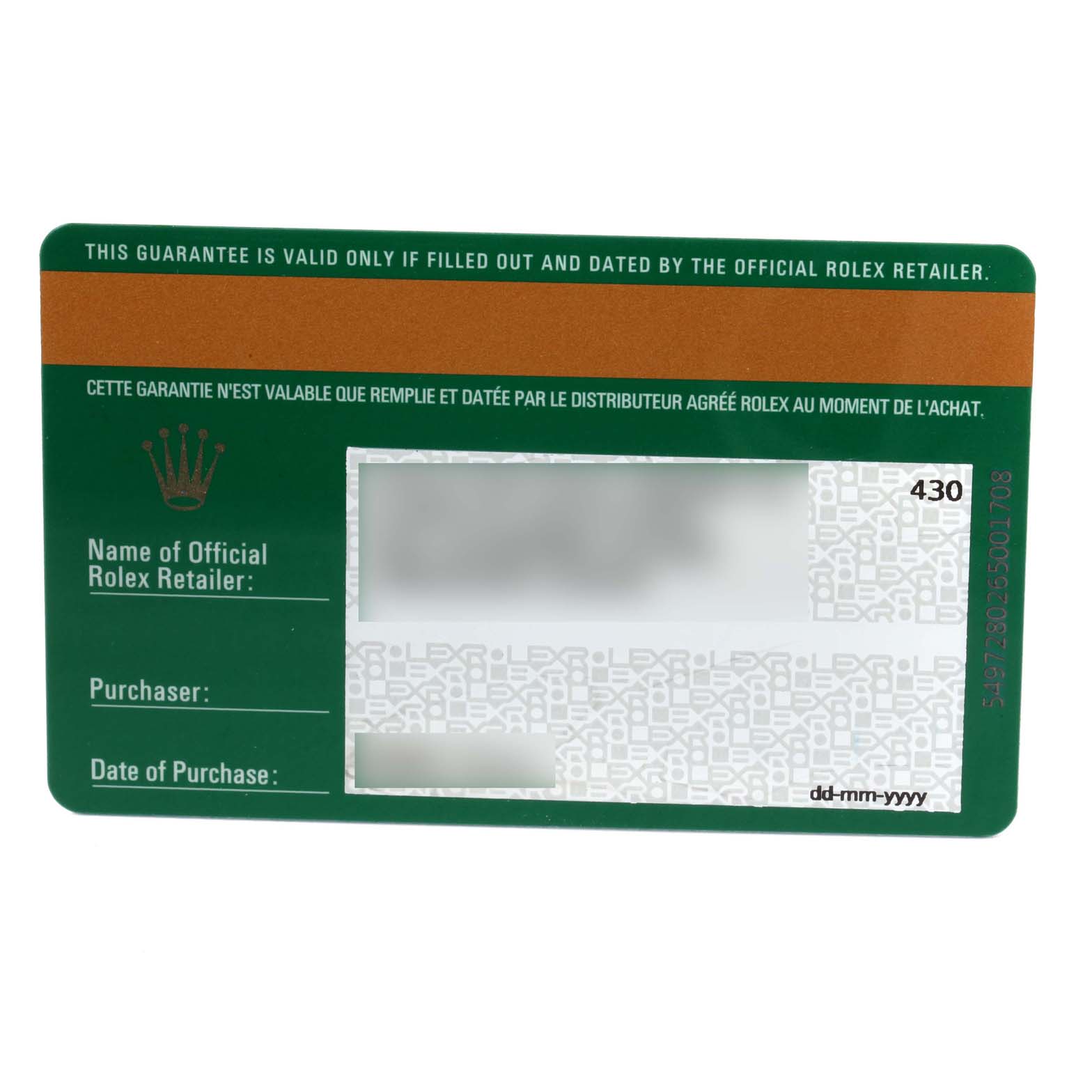 This image shows the warranty card for the Rolex Sky-Dweller 326934 Men's Stainless Steel Blue Dial 326934 Men's Stainless Steel Blue Dial watch.