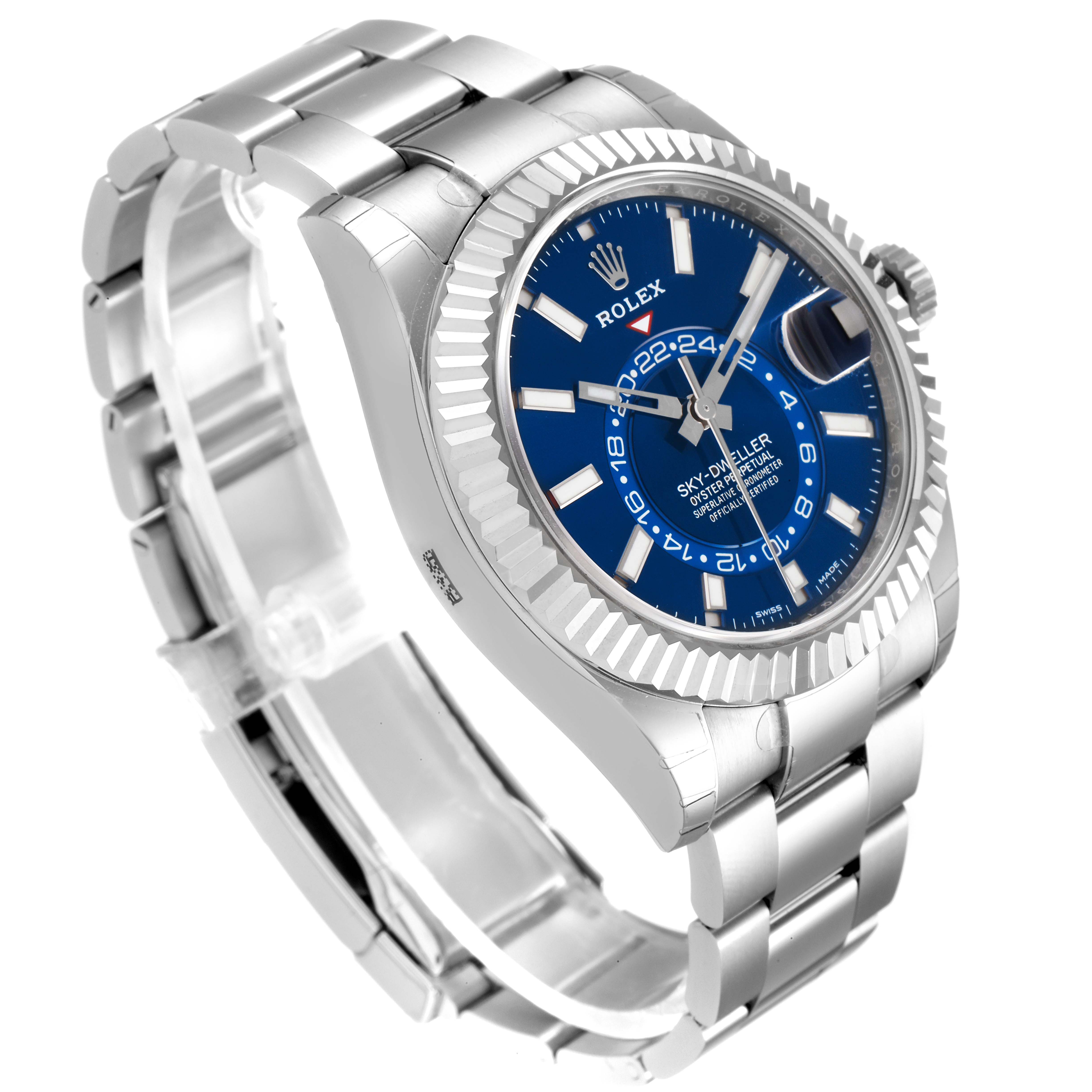 The Rolex Sky-Dweller 326934 Men's Stainless Steel Blue Dial 326934 Men's Stainless Steel Blue Dial watch is shown at an angle highlighting its blue dial, fluted bezel, and stainless steel bracelet.