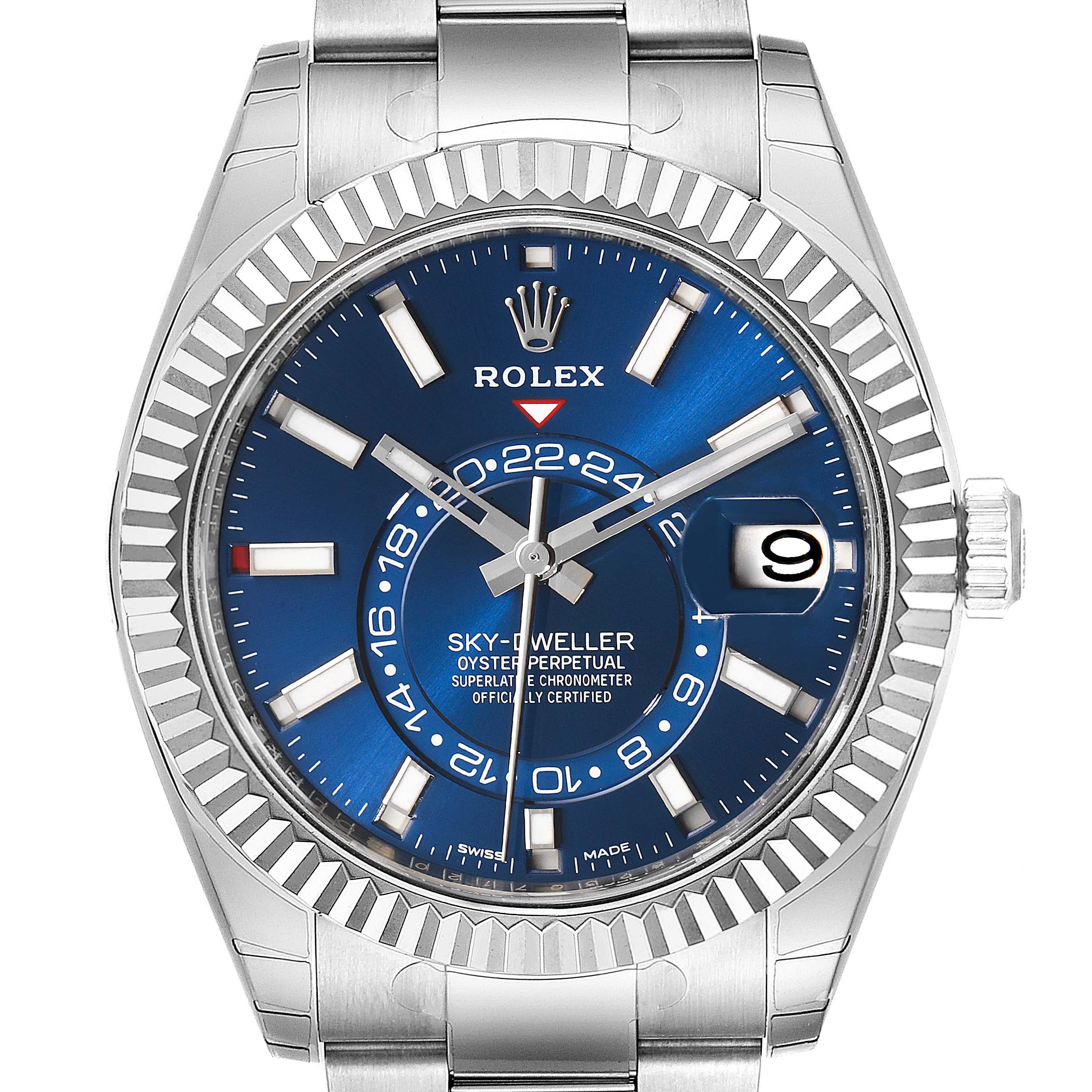 The image shows the front view of a Rolex Sky-Dweller 326934 Men's Stainless Steel Blue Dial 326934 Men's Stainless Steel Blue Dial watch with a blue dial and stainless steel bracelet.
