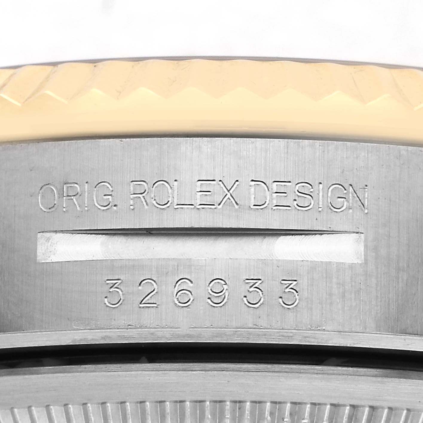 The image shows a close-up of the case side of the Rolex Sky-Dweller model 326933, displaying the "ORIG. ROLEX DESIGN" engraving and model number.