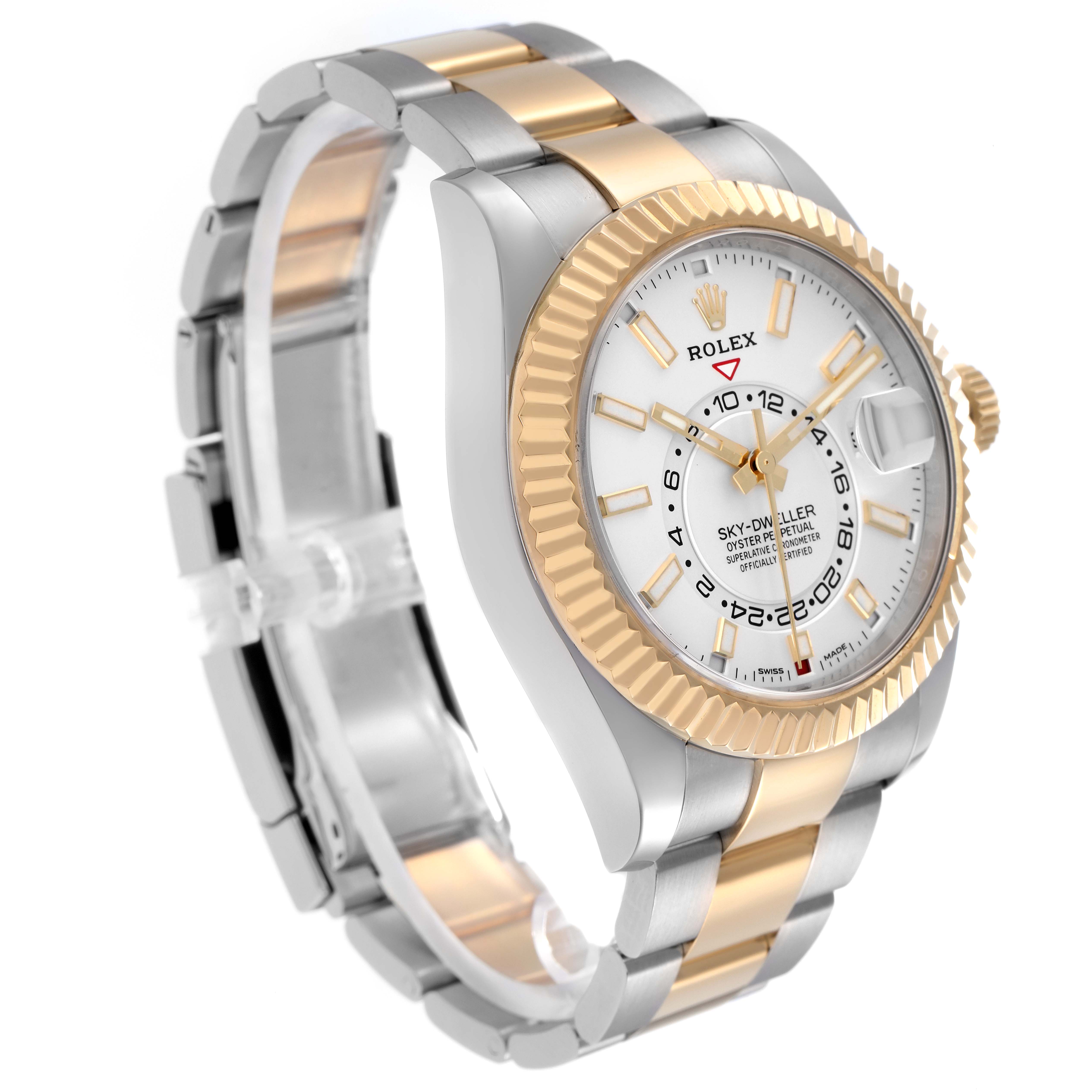 The image shows a Rolex Sky-Dweller model 326933 men's watch at an angled view, highlighting the bezel, dial, and two-tone bracelet.