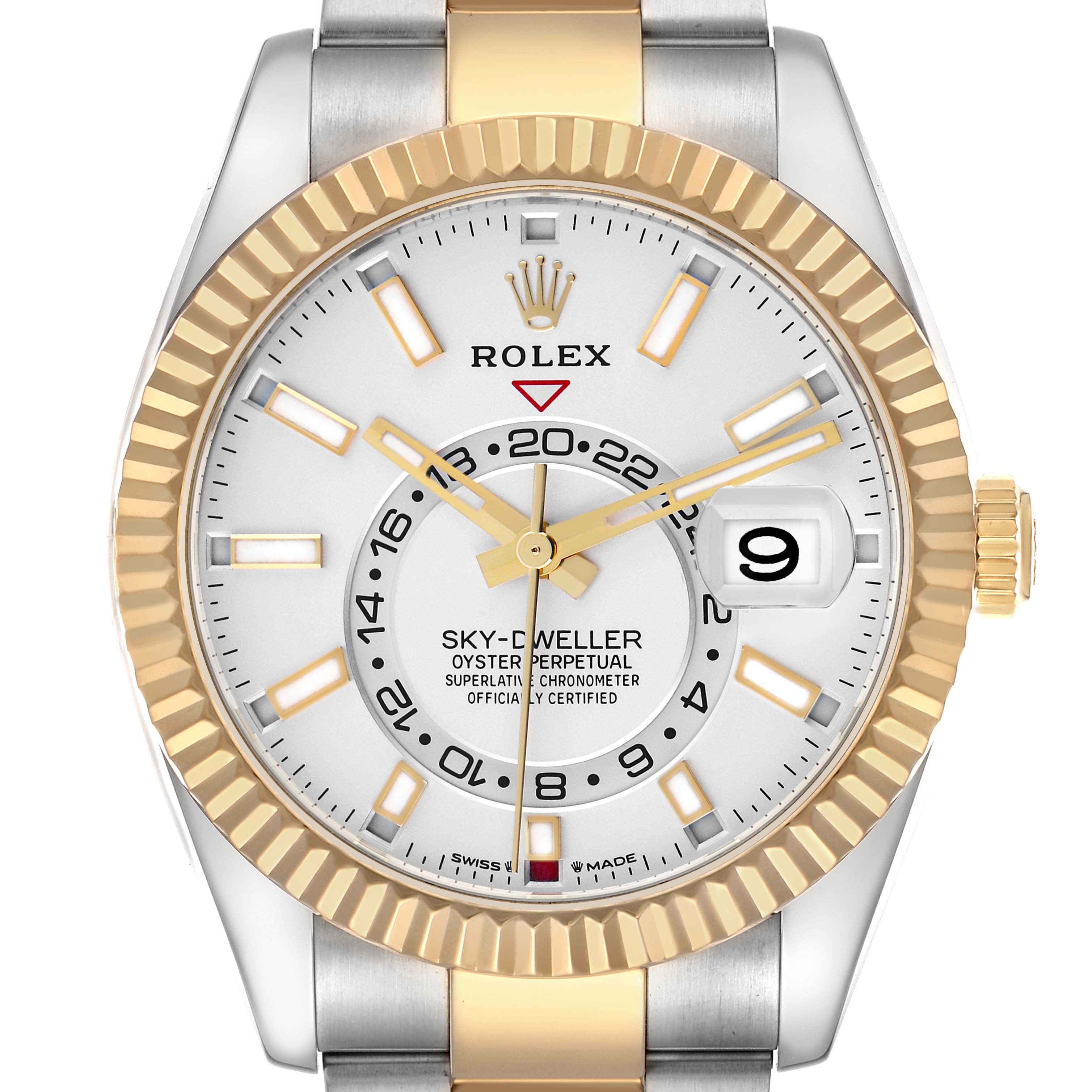 The Rolex Sky-Dweller model 326933 is shown from the front, highlighting its gold bezel, dial, markers, hands, and part of its bracelet.